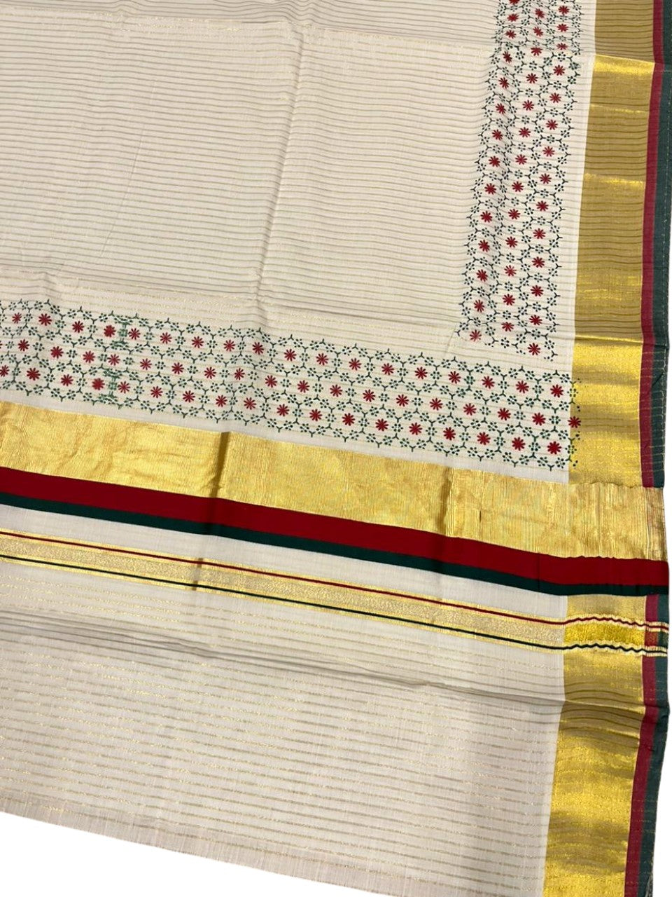 Southloom Kerala Cotton Kasavu Saree with Micro Stripes And Floral Design on Body In Red & Black Border SL357