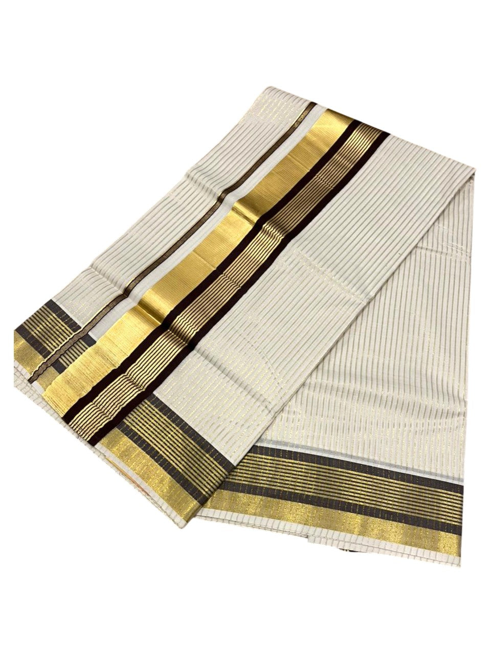 Southloom Kerala Cotton Kasavu Saree with Stripes on Body in Brown Border SL356