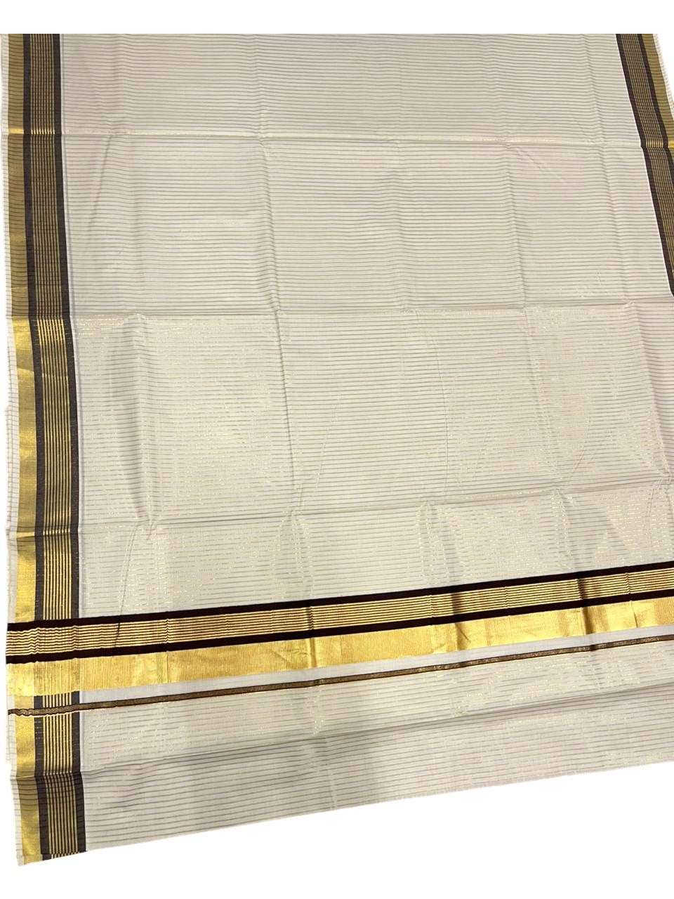 Southloom Kerala Cotton Kasavu Saree with Stripes on Body in Brown Border SL356