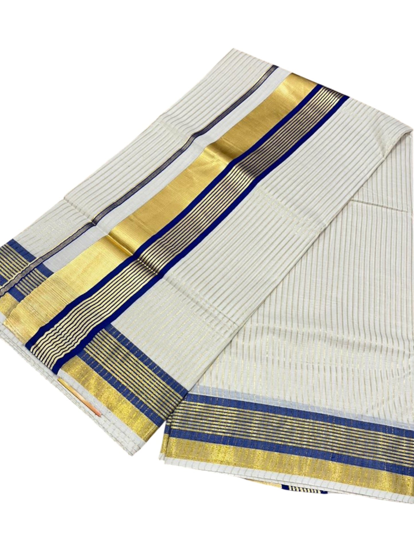 Southloom Kerala Cotton Kasavu Saree with Stripes on Body in Blue Border SL356