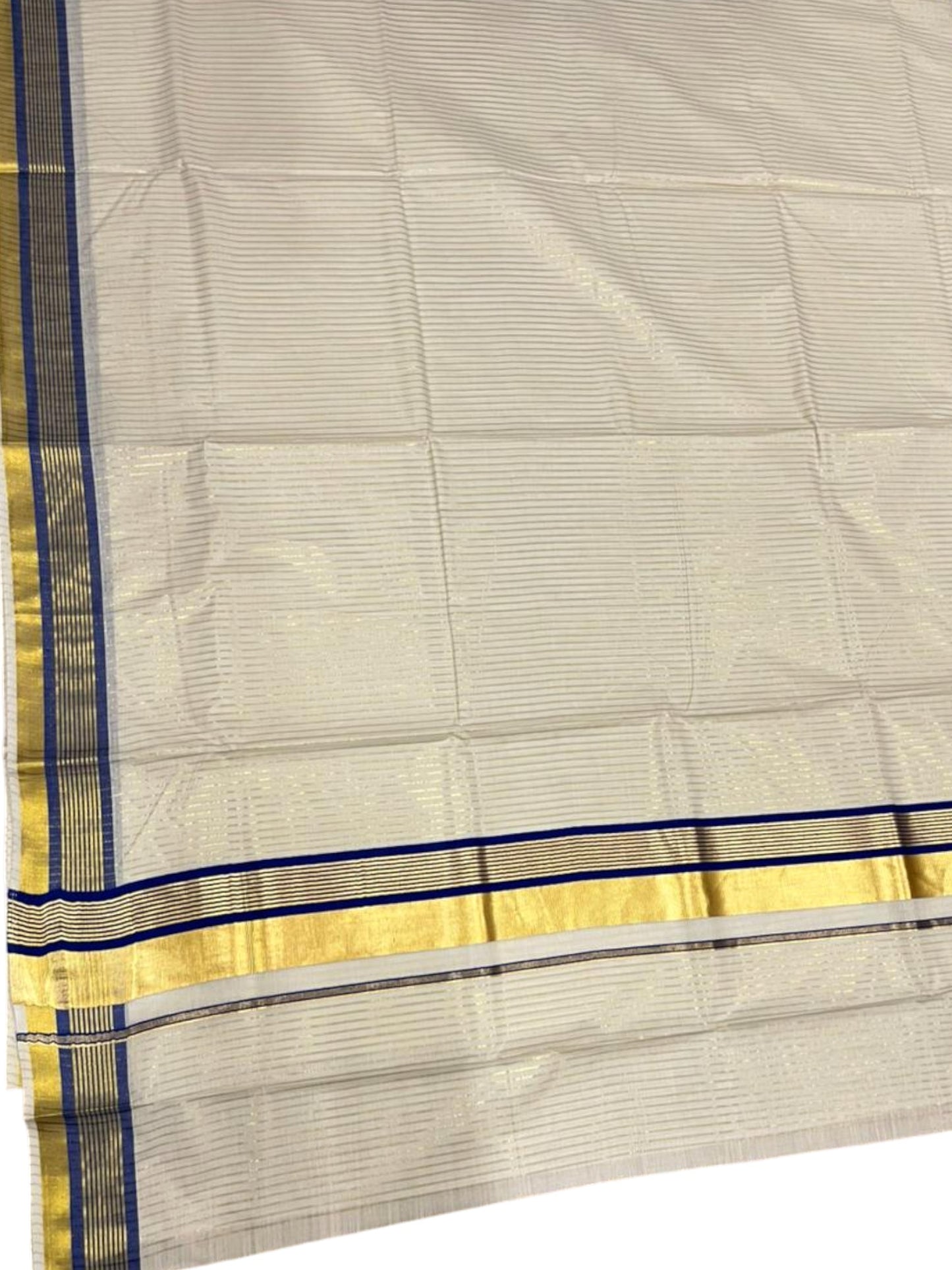 Southloom Kerala Cotton Kasavu Saree with Stripes on Body in Blue Border SL356