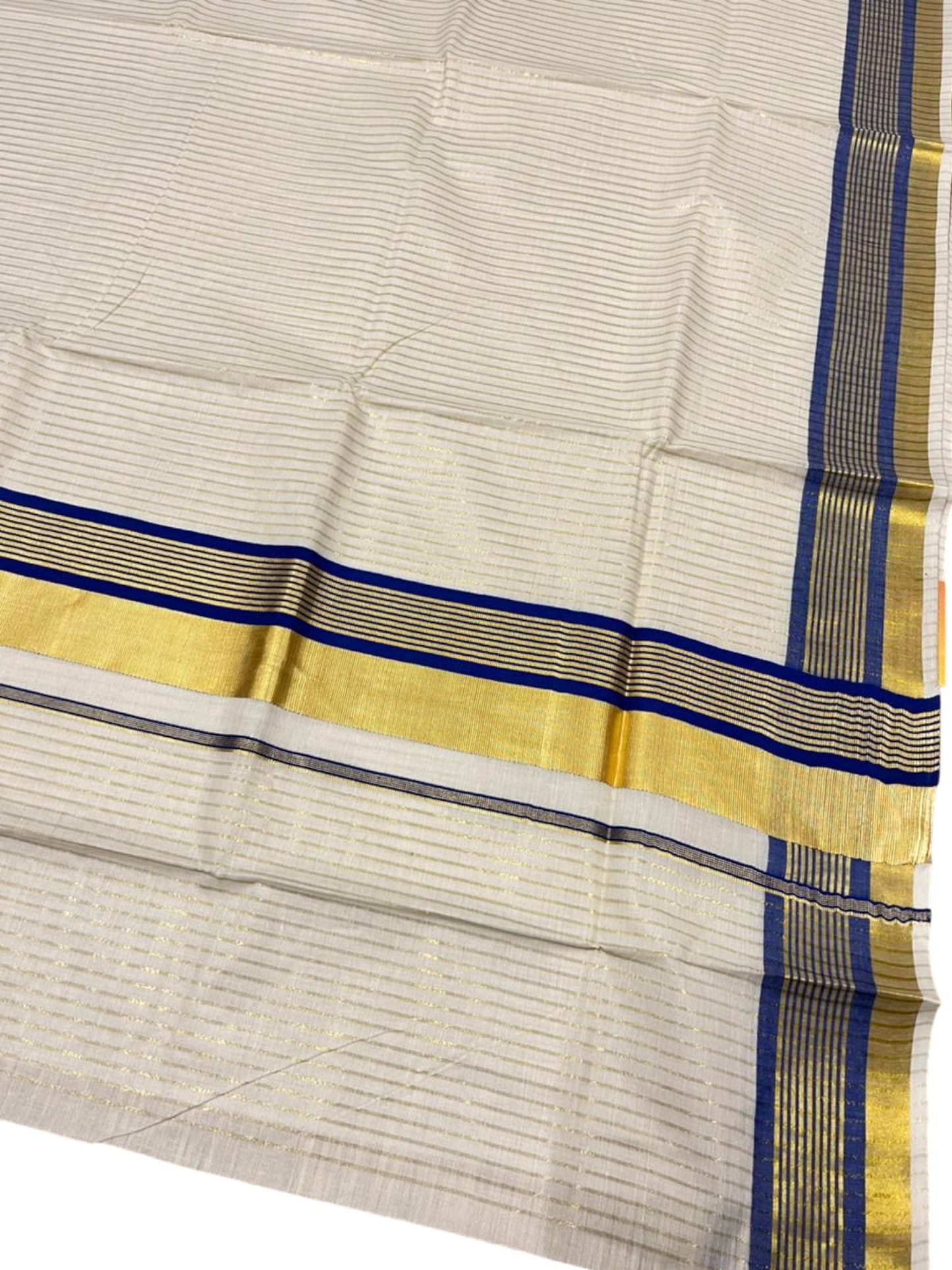Southloom Kerala Cotton Kasavu Saree with Stripes on Body in Blue Border SL356