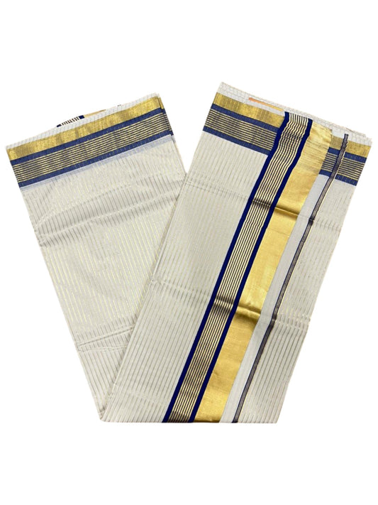 Southloom Kerala Cotton Kasavu Saree with Stripes on Body in Blue Border SL356