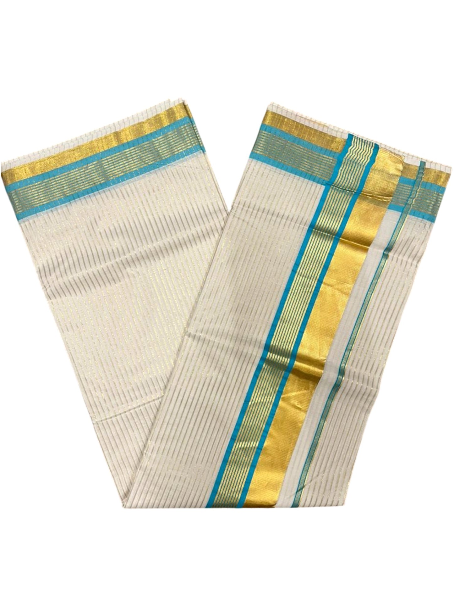 Southloom Kerala Cotton Kasavu Saree with Stripes on Body in Turquoise Border SL356
