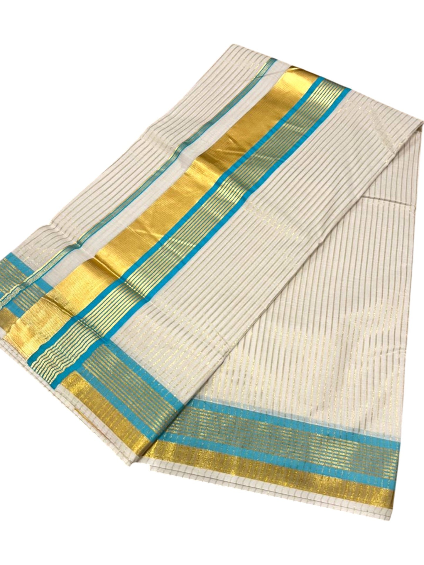 Southloom Kerala Cotton Kasavu Saree with Stripes on Body in Turquoise Border SL356