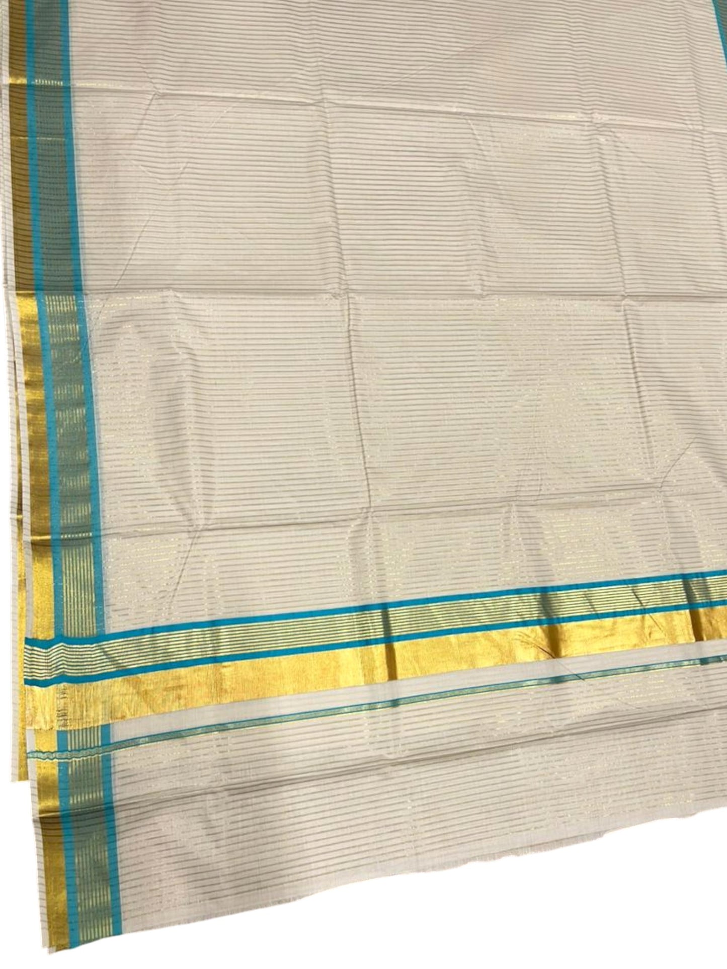 Southloom Kerala Cotton Kasavu Saree with Stripes on Body in Turquoise Border SL356