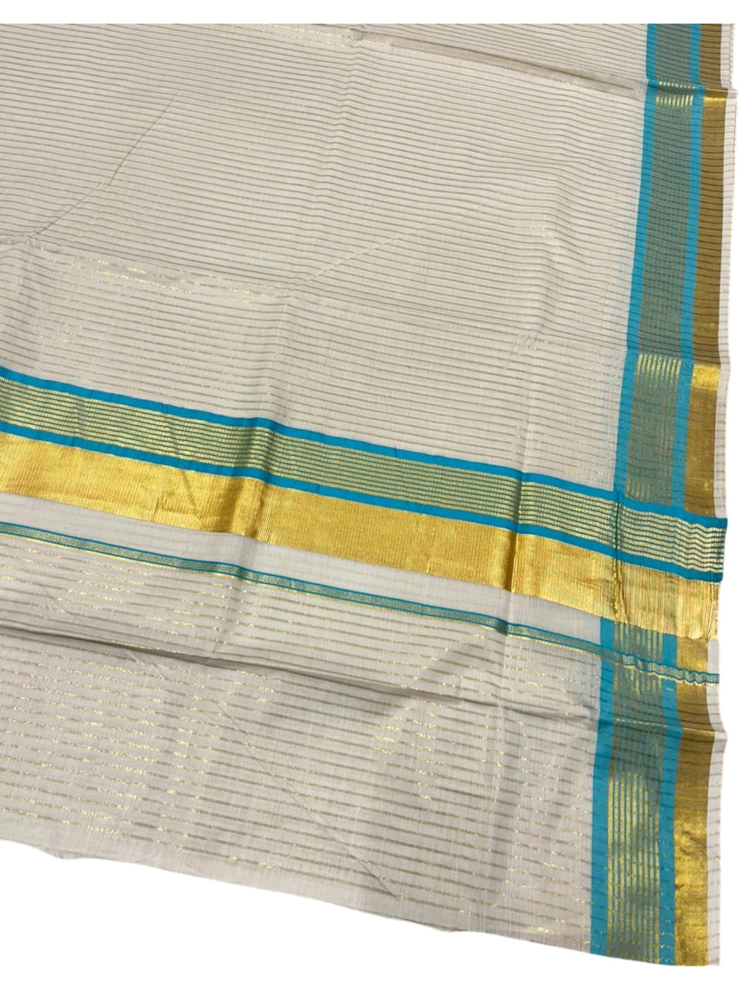 Southloom Kerala Cotton Kasavu Saree with Stripes on Body in Turquoise Border SL356