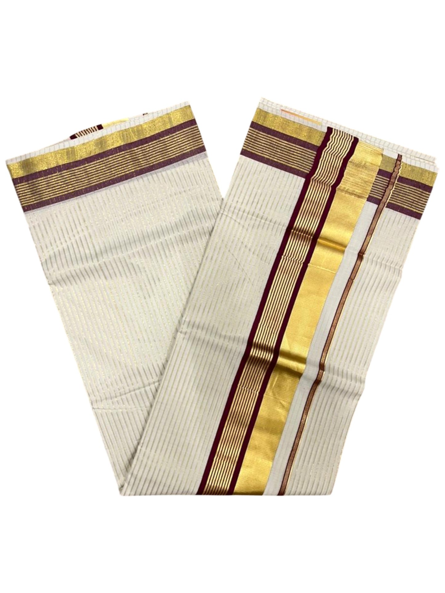 Southloom Kerala Cotton Kasavu Saree with Stripes on Body in Purple Border SL356