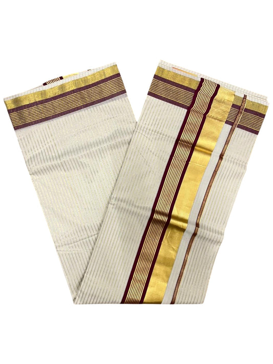 Southloom Kerala Cotton Kasavu Saree with Stripes on Body in Purple Border SL356