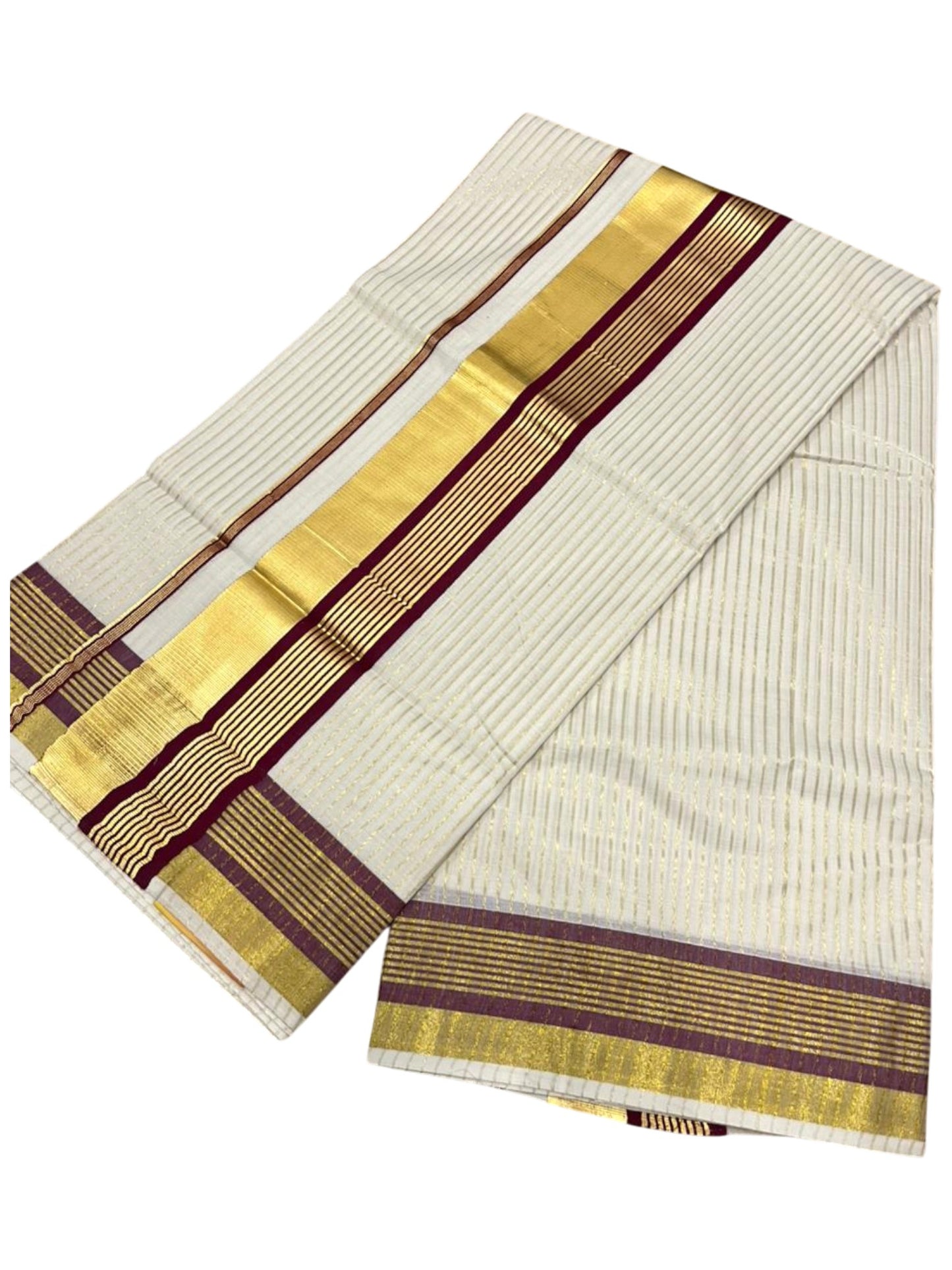 Southloom Kerala Cotton Kasavu Saree with Stripes on Body in Purple Border SL356