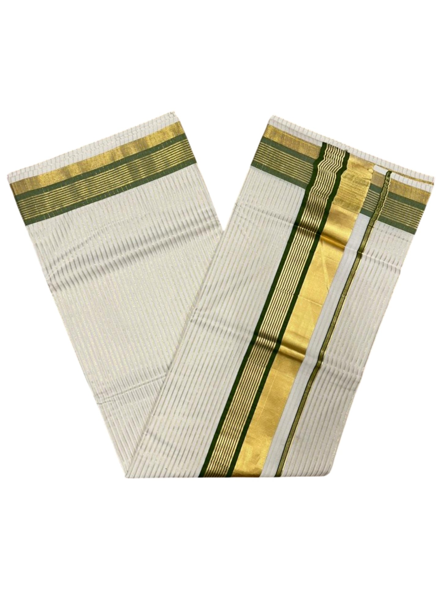 Southloom Kerala Cotton Kasavu Saree with Stripes on Body in Olive Green Border SL356