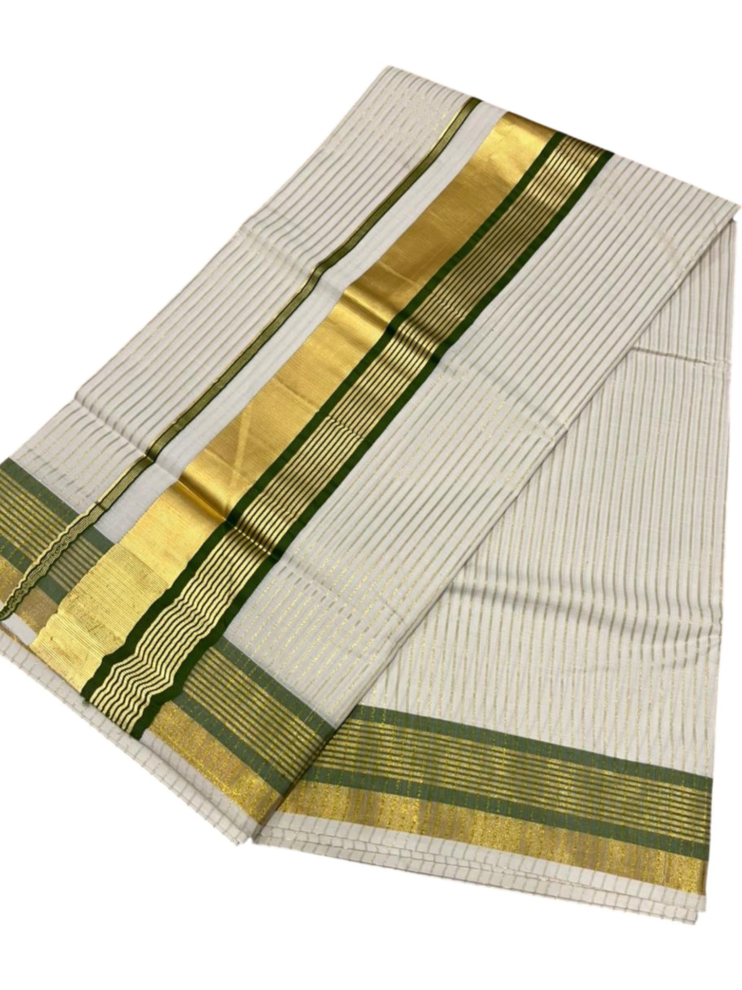 Southloom Kerala Cotton Kasavu Saree with Stripes on Body in Olive Green Border SL356