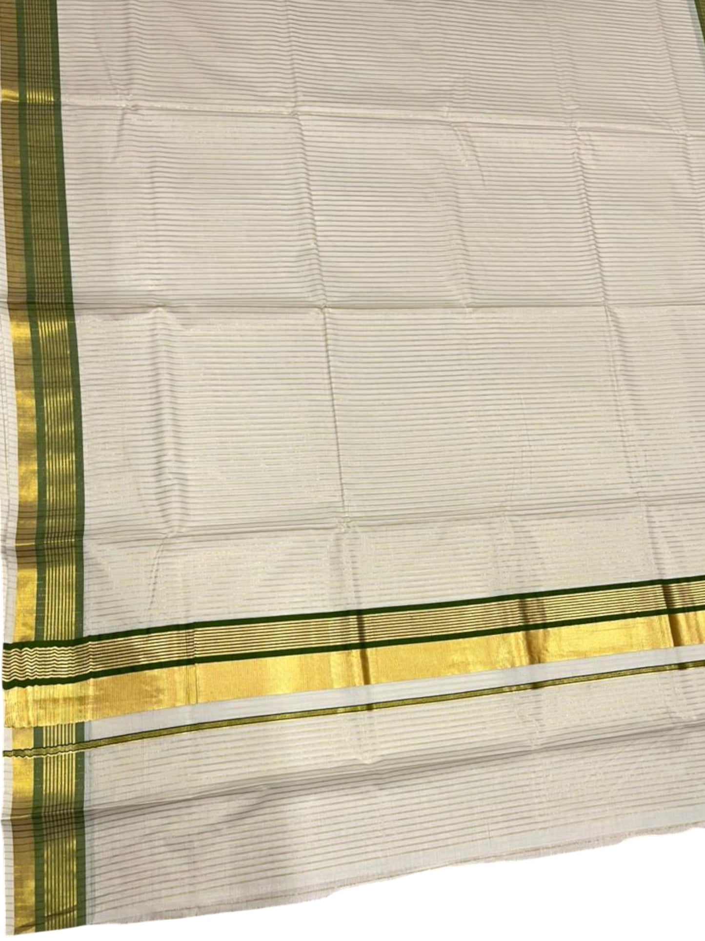 Southloom Kerala Cotton Kasavu Saree with Stripes on Body in Olive Green Border SL356