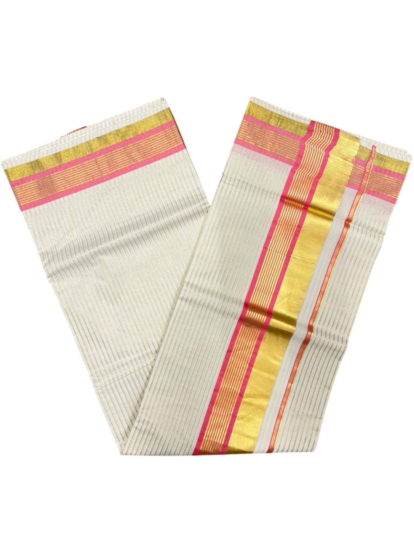 Southloom Kerala Cotton Kasavu Saree with Stripes on Body in Pink Border SL356