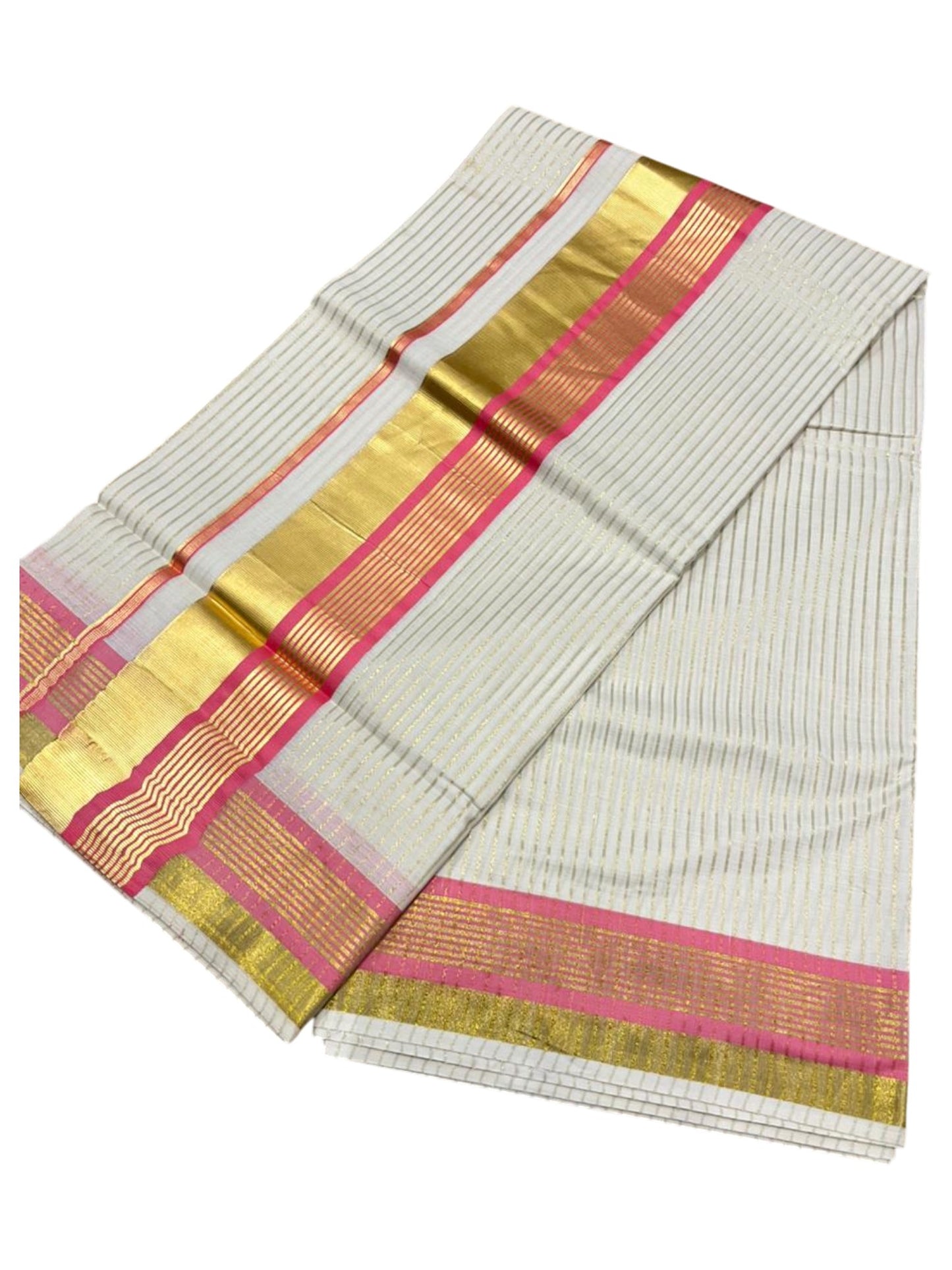 Southloom Kerala Cotton Kasavu Saree with Stripes on Body in Pink Border SL356