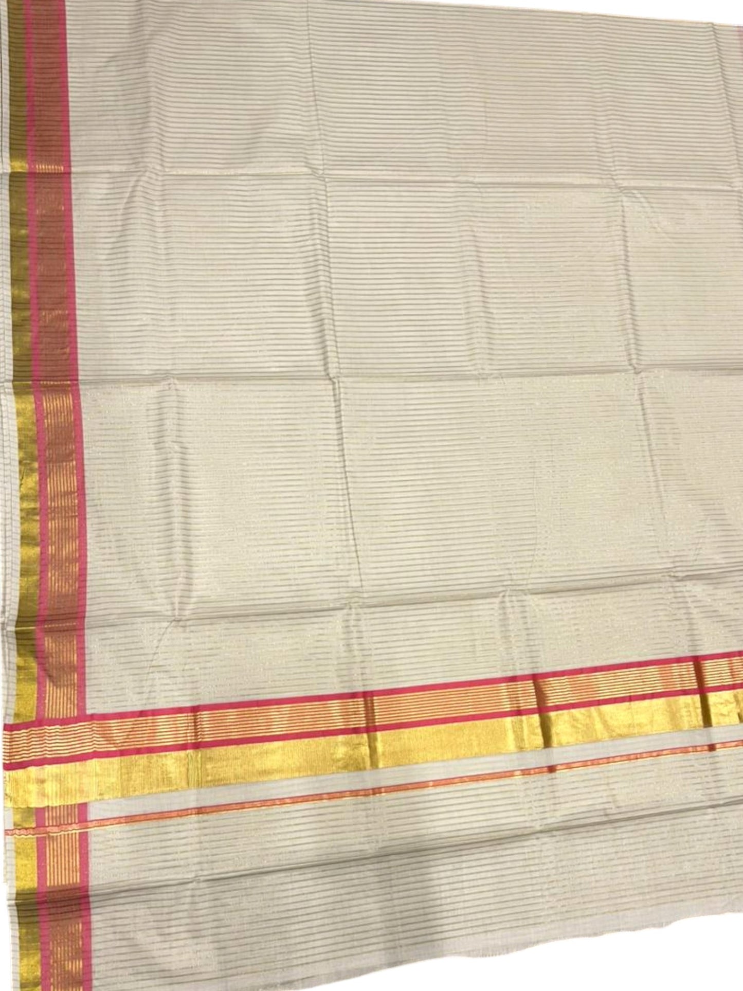Southloom Kerala Cotton Kasavu Saree with Stripes on Body in Pink Border SL356