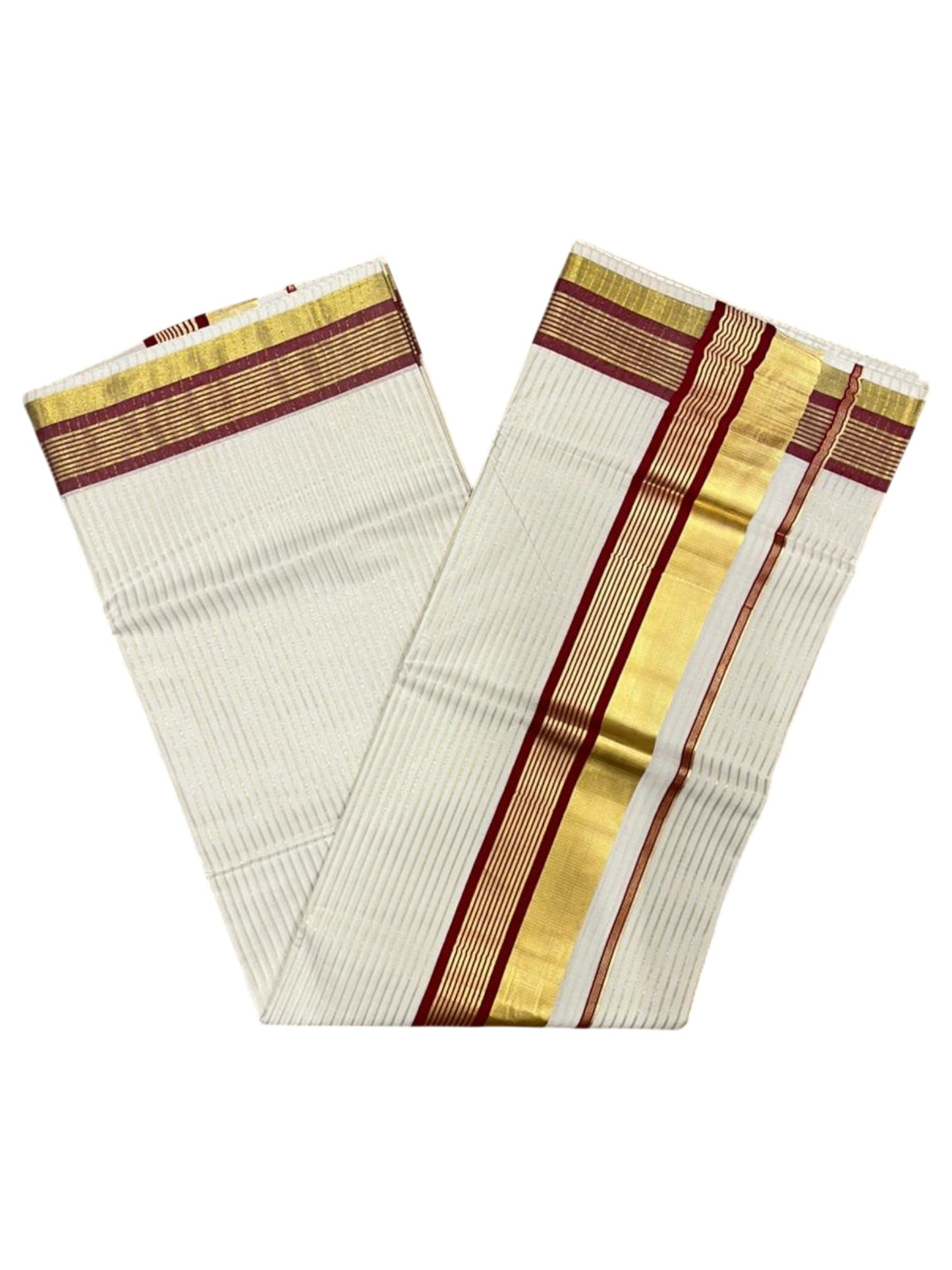 Southloom Kerala Cotton Kasavu Saree with Stripes on Body in Maroon Border SL356