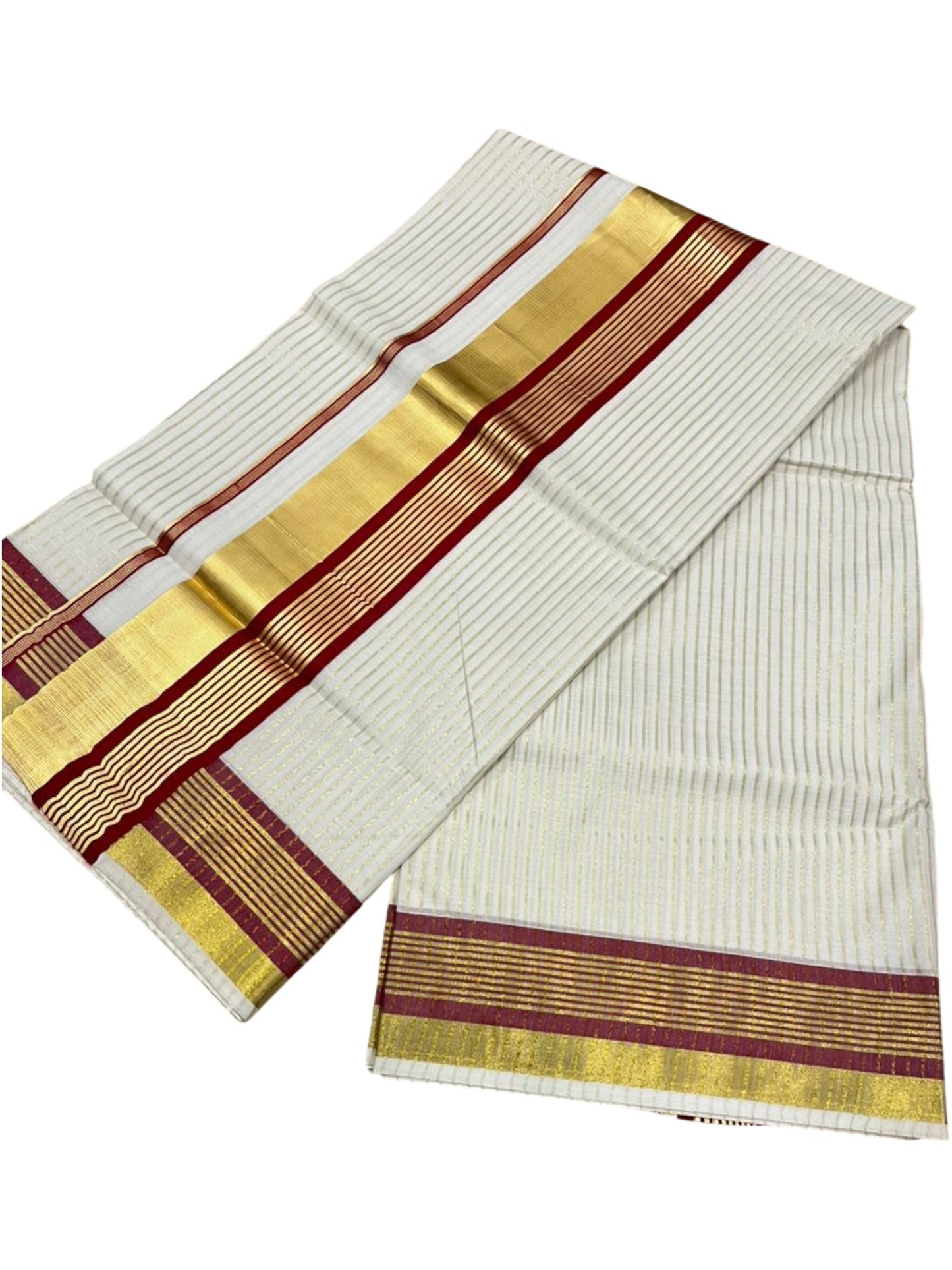 Southloom Kerala Cotton Kasavu Saree with Stripes on Body in Maroon Border SL356