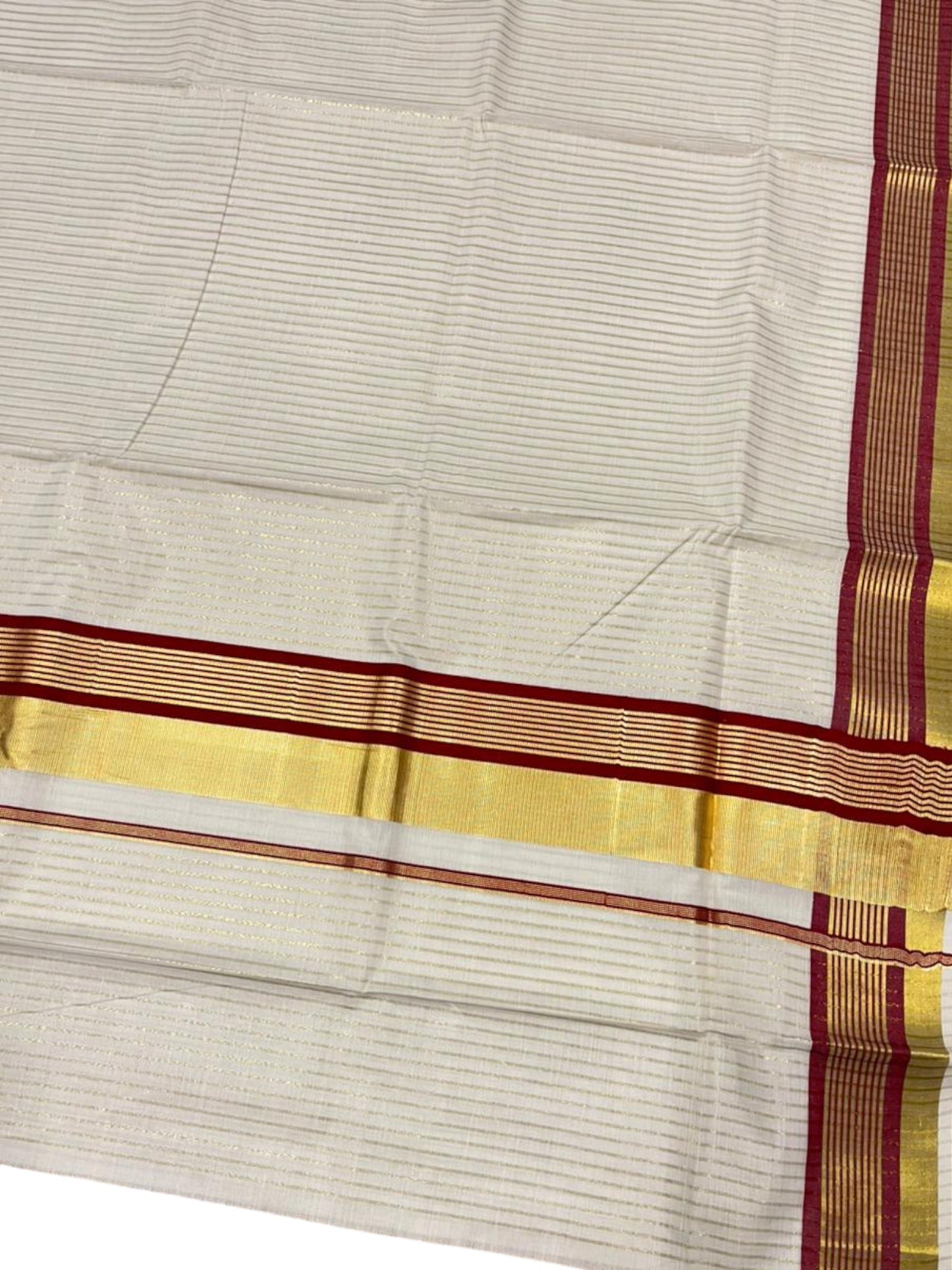 Southloom Kerala Cotton Kasavu Saree with Stripes on Body in Maroon Border SL356