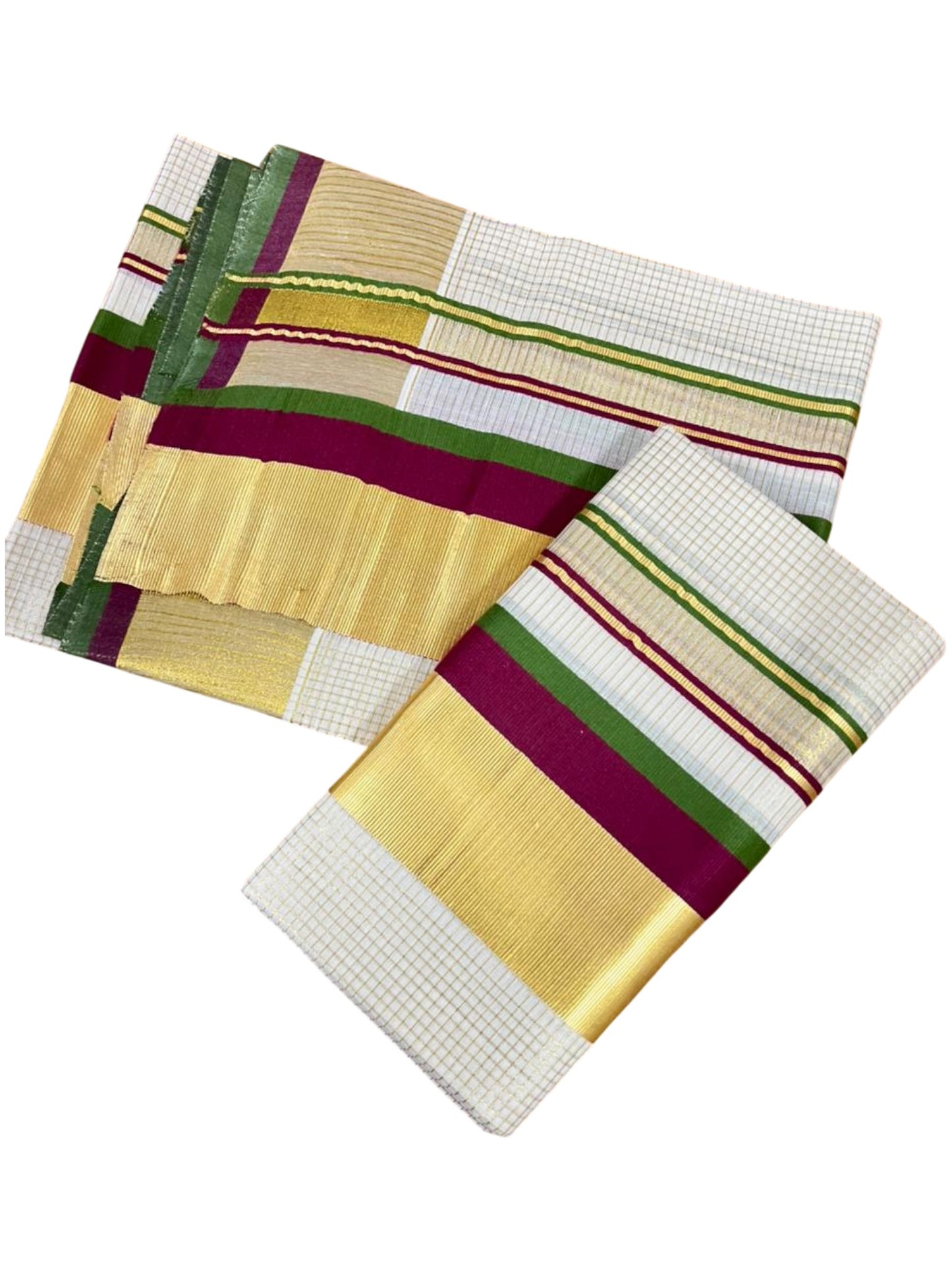 Southloom Pure Cotton Set Mundu with Gold Kasavu Micro Check Across Body in Purple and Olive Green SL348