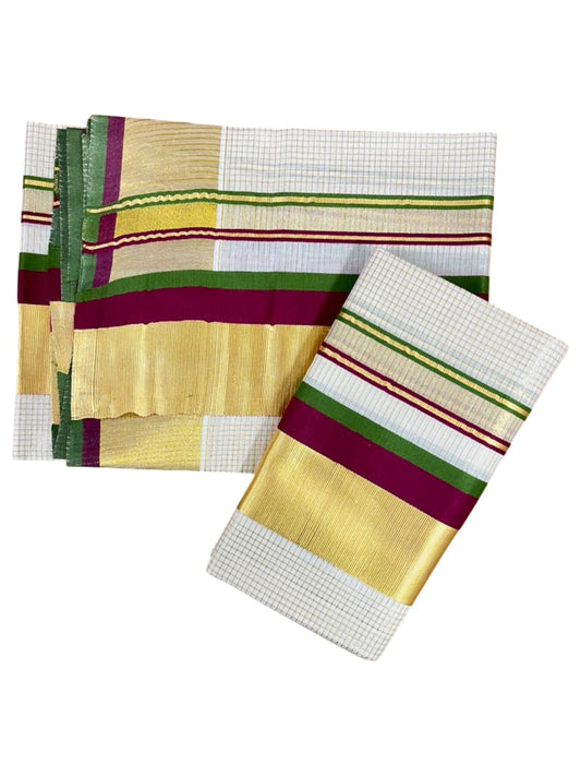 Southloom Pure Cotton Set Mundu with Gold Kasavu Micro Check Across Body in Purple and Olive Green SL348