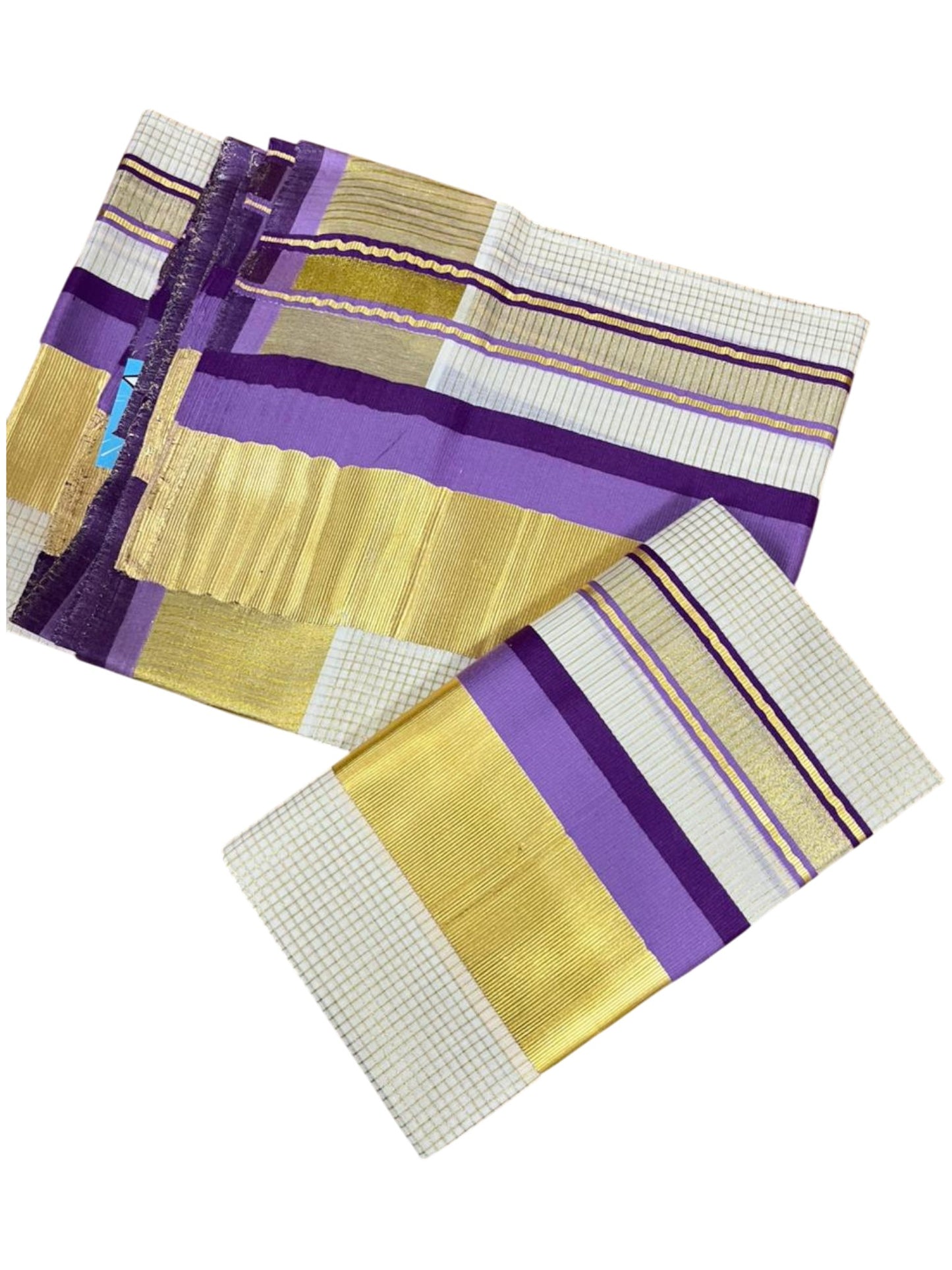 Southloom Pure Cotton Set Mundu with Gold Kasavu Micro Check Across Body in Violet and Lavender SL348