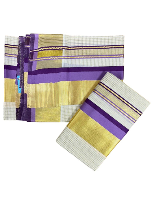 Southloom Pure Cotton Set Mundu with Gold Kasavu Micro Check Across Body in Violet and Lavender SL348