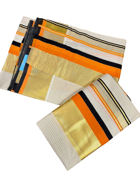 Southloom Pure Cotton Set Mundu with Gold Kasavu Micro Check Across Body in Black and Orange SL348