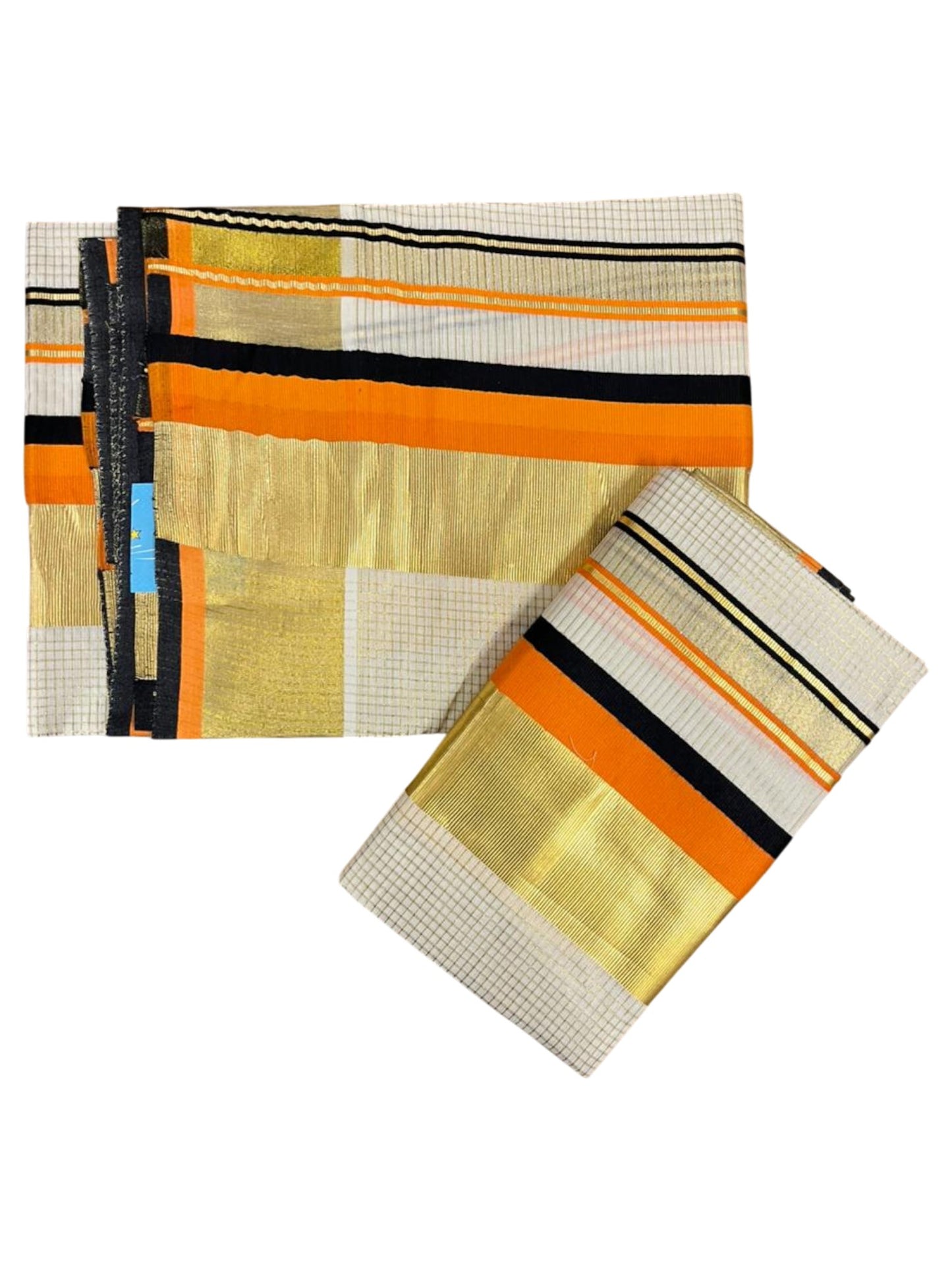 Southloom Pure Cotton Set Mundu with Gold Kasavu Micro Check Across Body in Black and Orange SL348