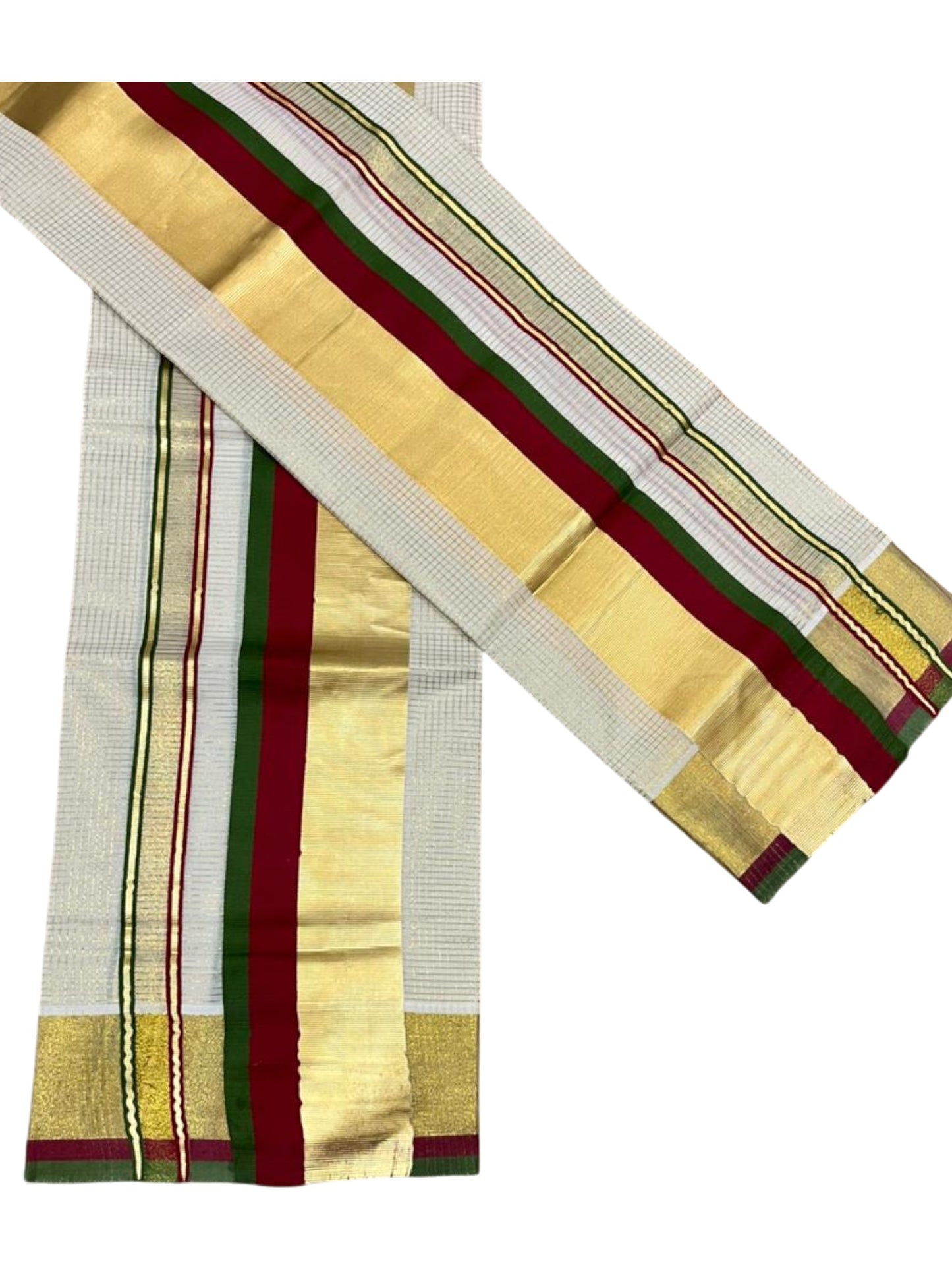Southloom Pure Cotton Set Mundu with Gold Kasavu Micro Check Across Body in Maroon and Olive Green SL348