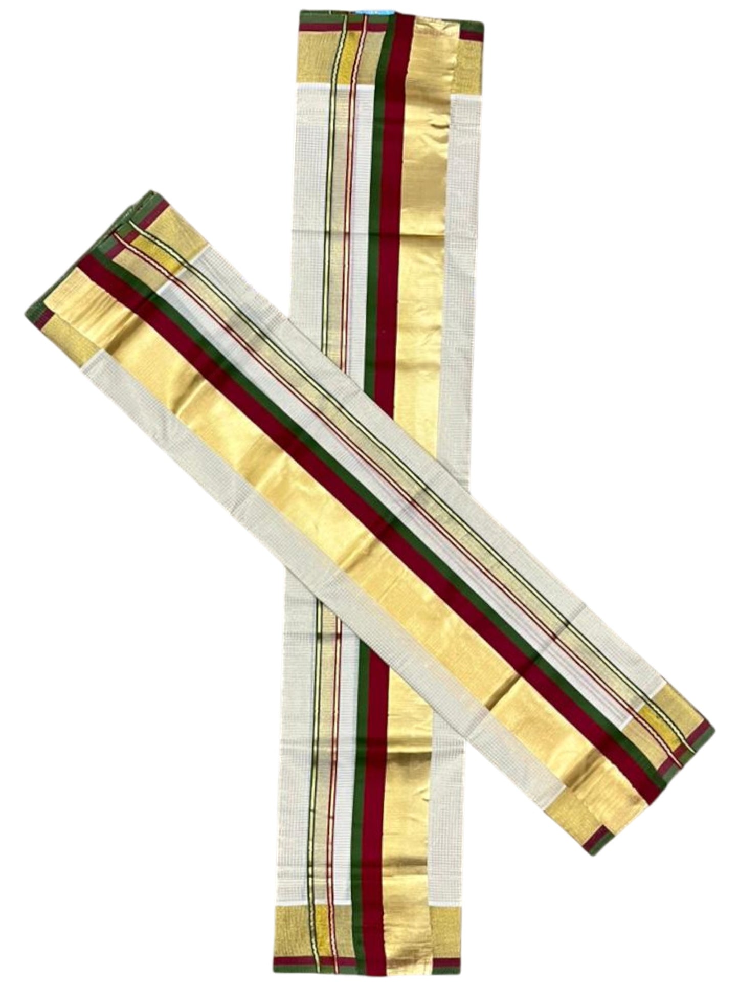Southloom Pure Cotton Set Mundu with Gold Kasavu Micro Check Across Body in Maroon and Olive Green SL348