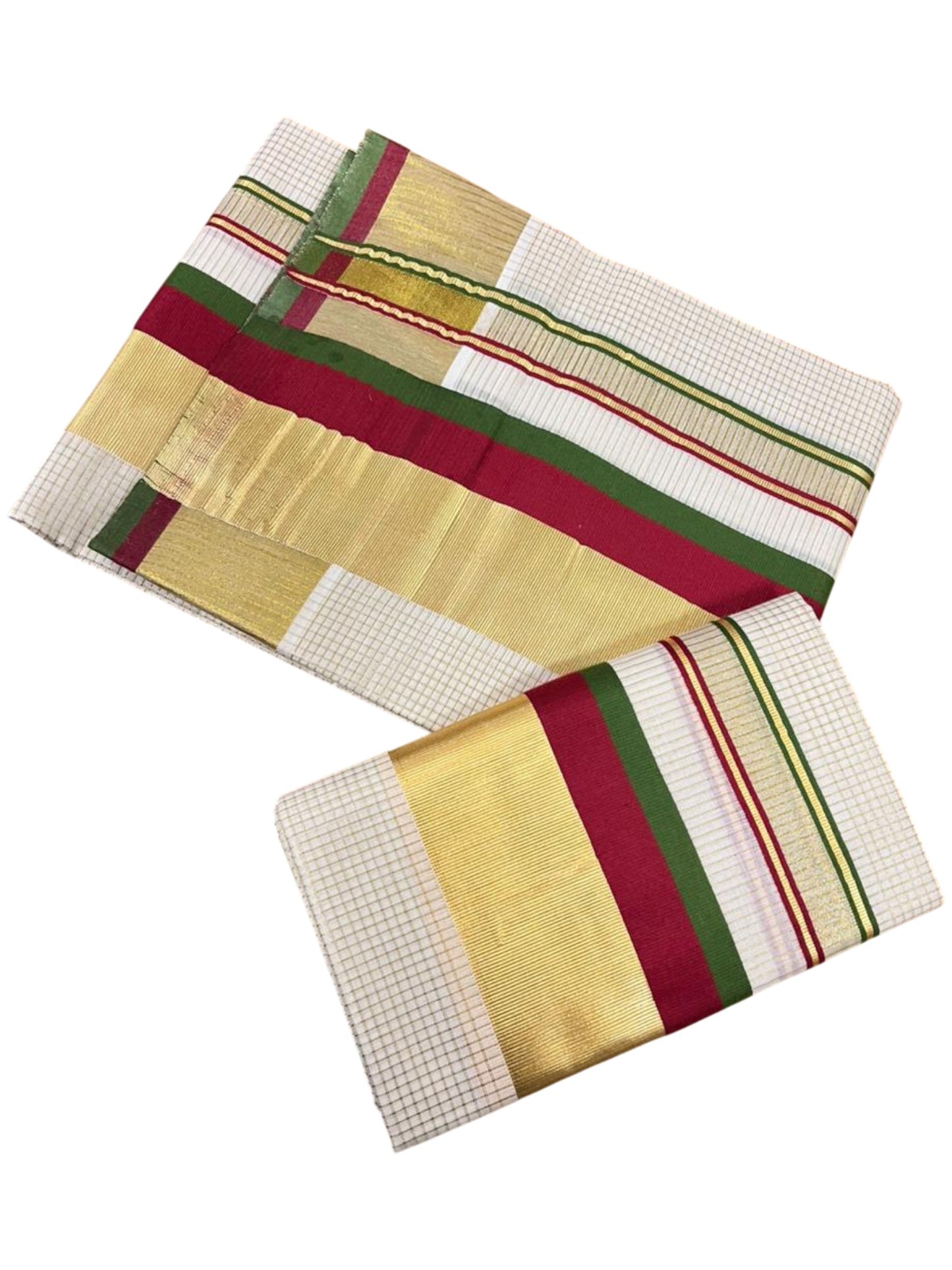 Southloom Pure Cotton Set Mundu with Gold Kasavu Micro Check Across Body in Maroon and Olive Green SL348