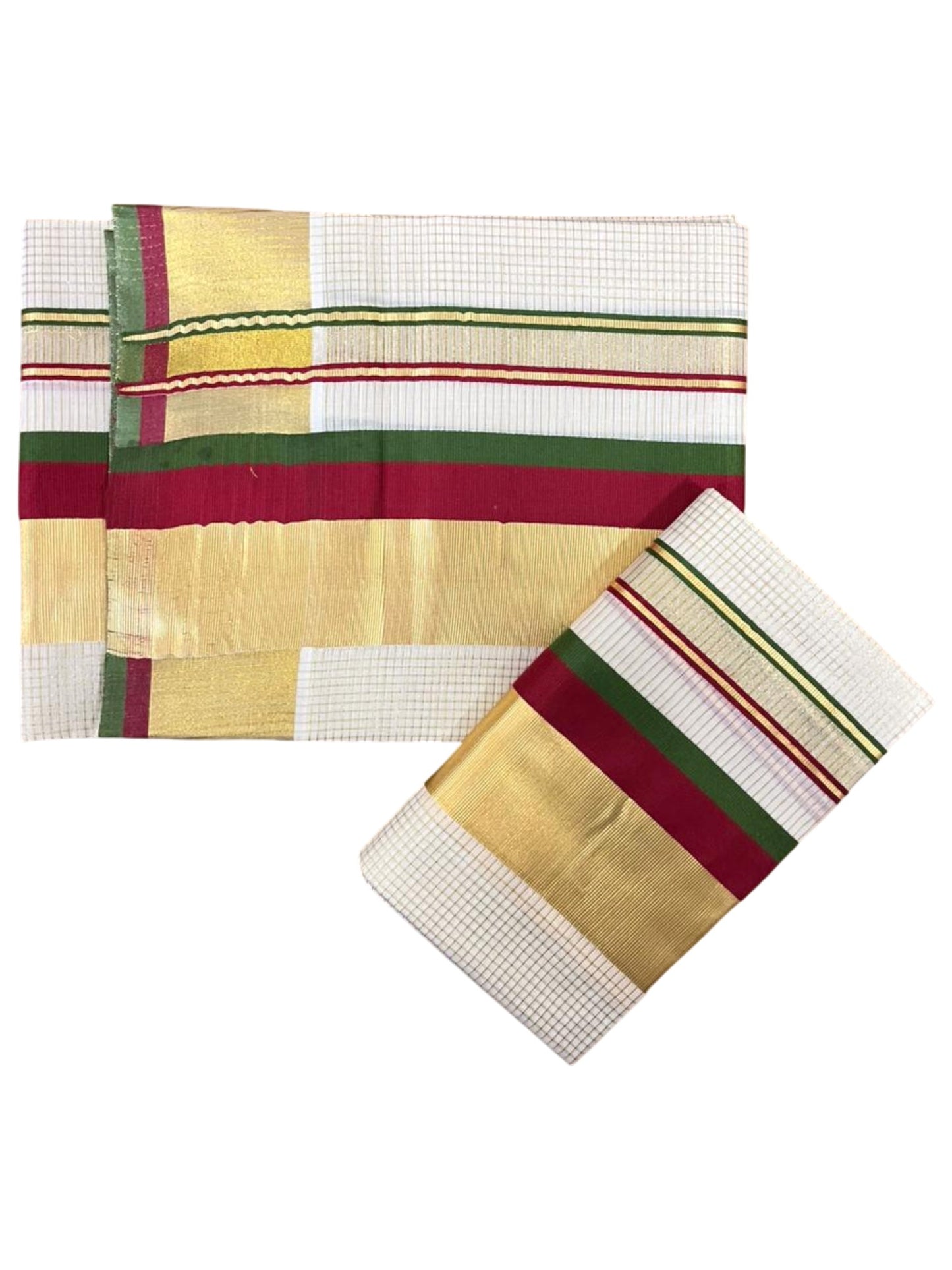 Southloom Pure Cotton Set Mundu with Gold Kasavu Micro Check Across Body in Maroon and Olive Green SL348