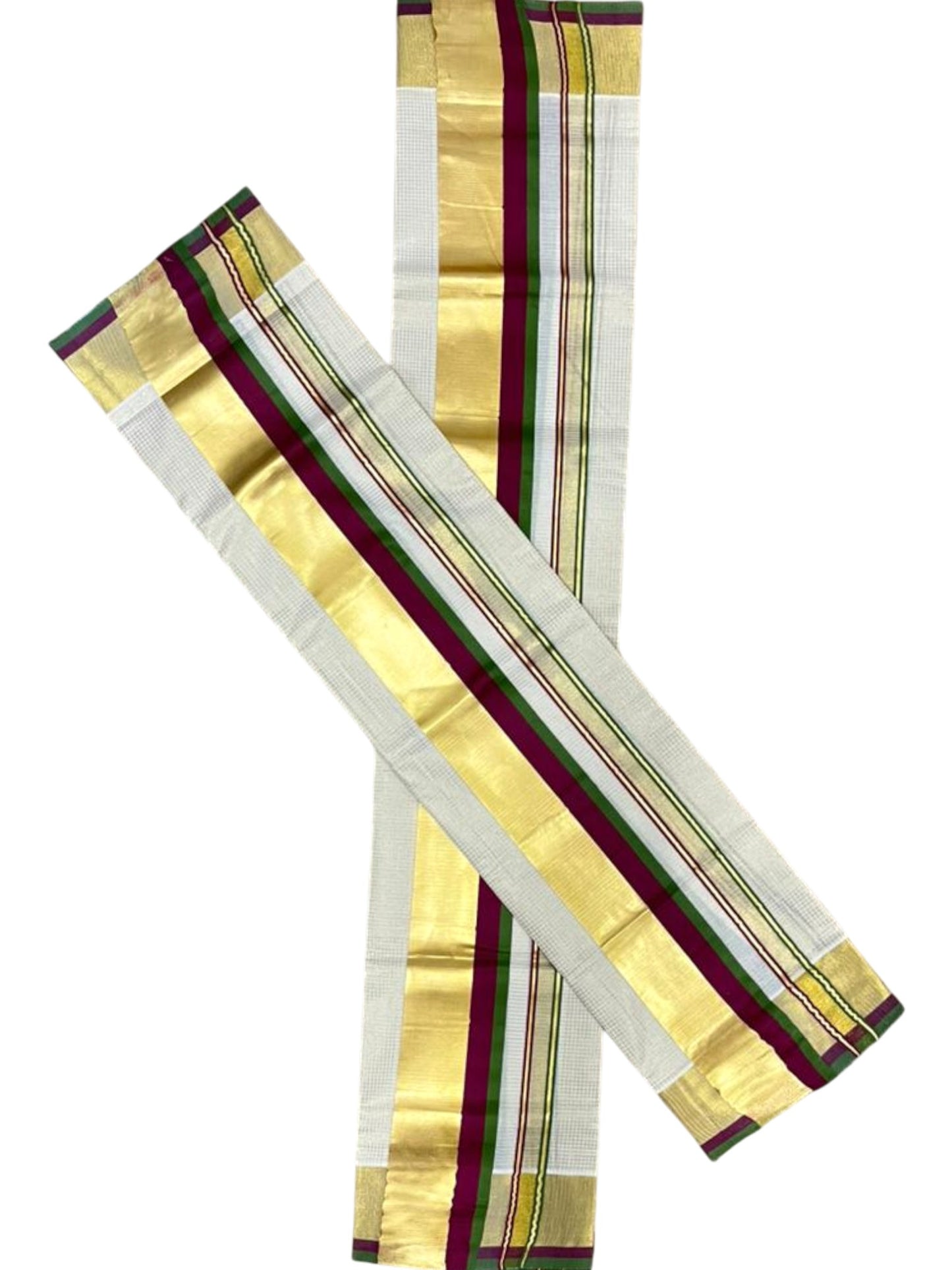 Southloom Pure Cotton Set Mundu with Gold Kasavu Micro Check Across Body in Purple and Olive Green SL348