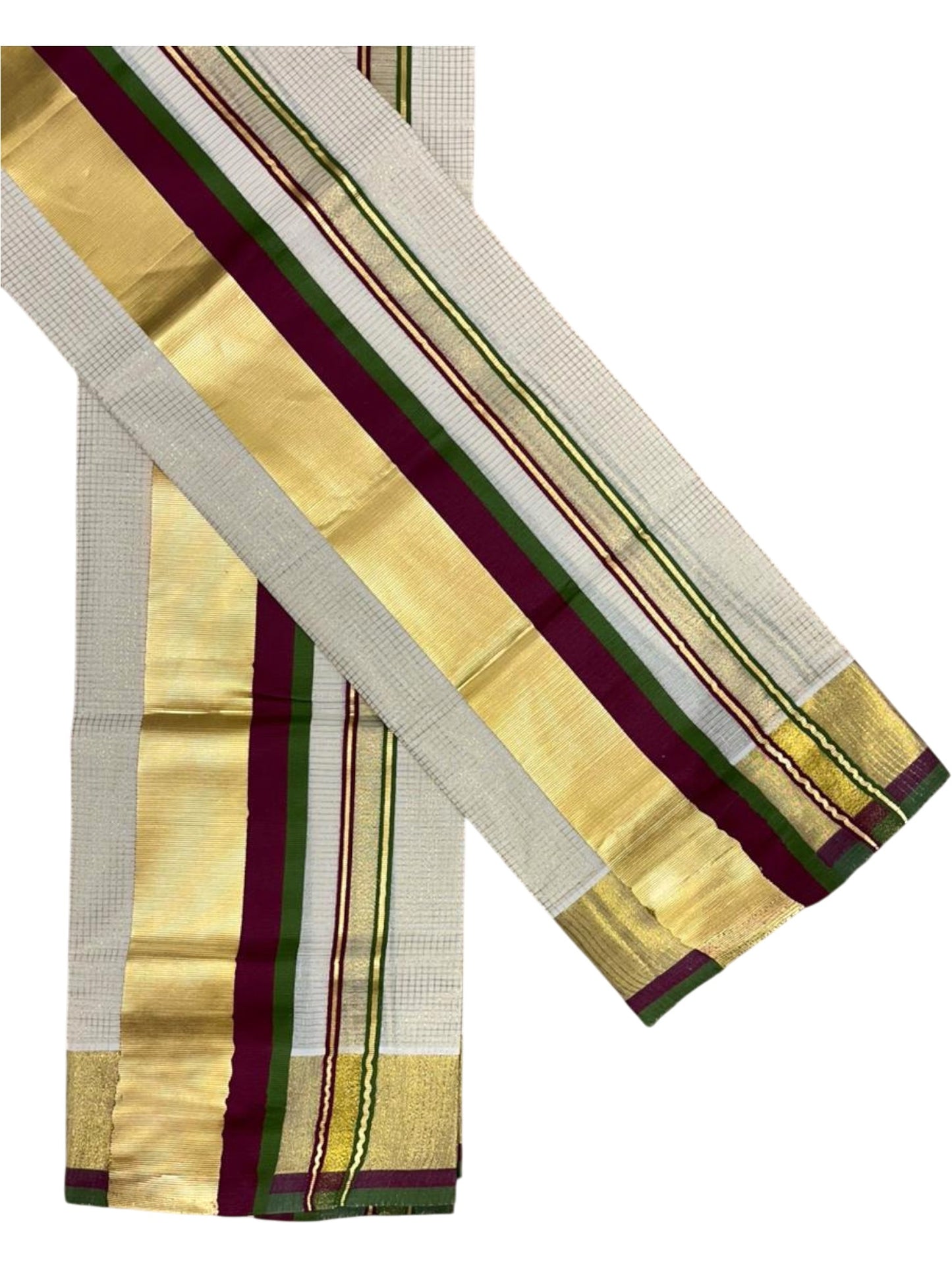 Southloom Pure Cotton Set Mundu with Gold Kasavu Micro Check Across Body in Purple and Olive Green SL348