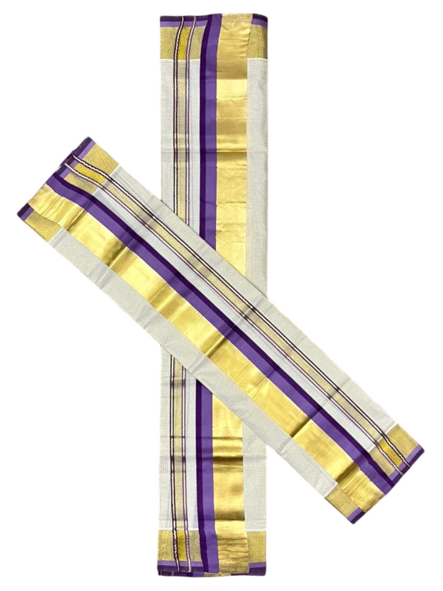 Southloom Pure Cotton Set Mundu with Gold Kasavu Micro Check Across Body in Violet and Lavender SL348