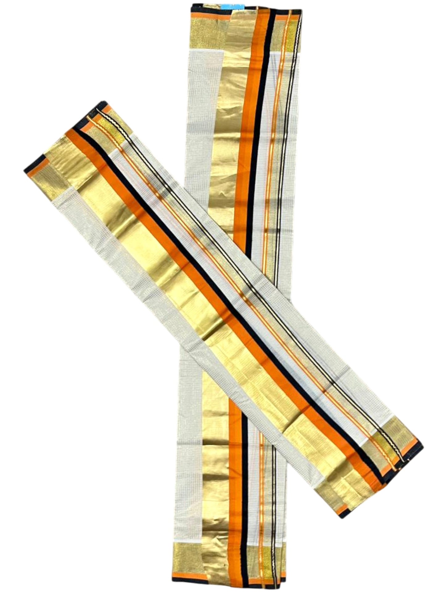 Southloom Pure Cotton Set Mundu with Gold Kasavu Micro Check Across Body in Black and Orange SL348