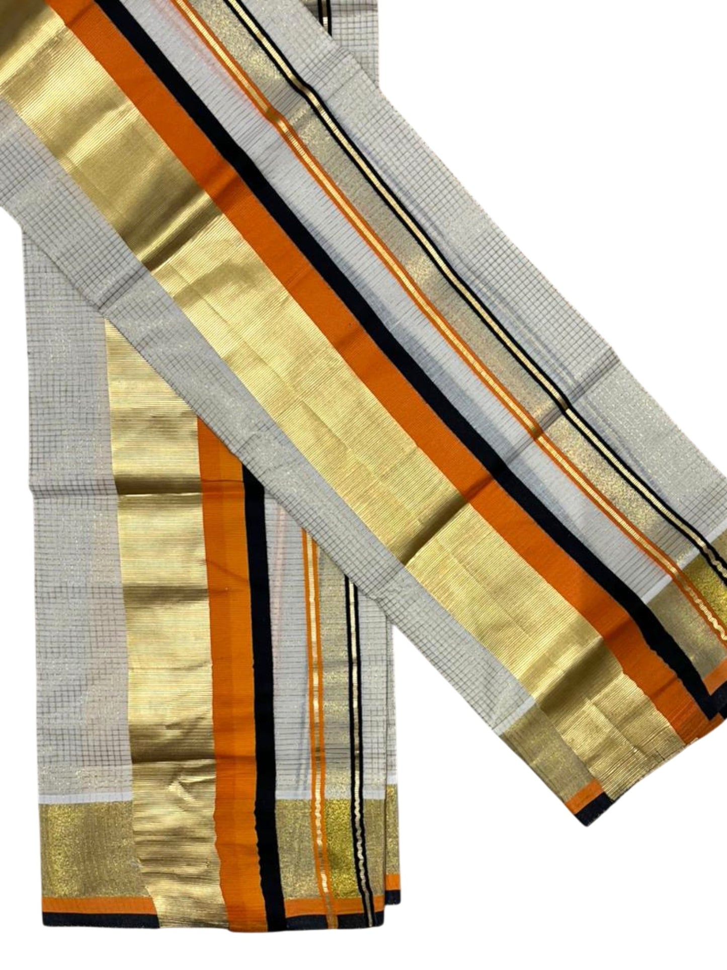 Southloom Pure Cotton Set Mundu with Gold Kasavu Micro Check Across Body in Black and Orange SL348