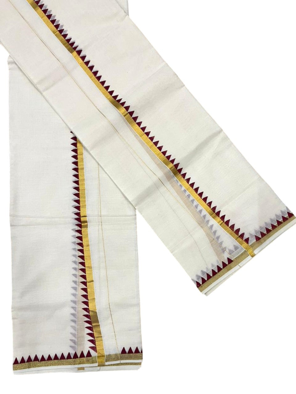 Southloom Pure Cotton Kerala Single Set Mundu (Mundum Neriyathum) with Temple Design in Maroon 2.80 Mtrs SL352