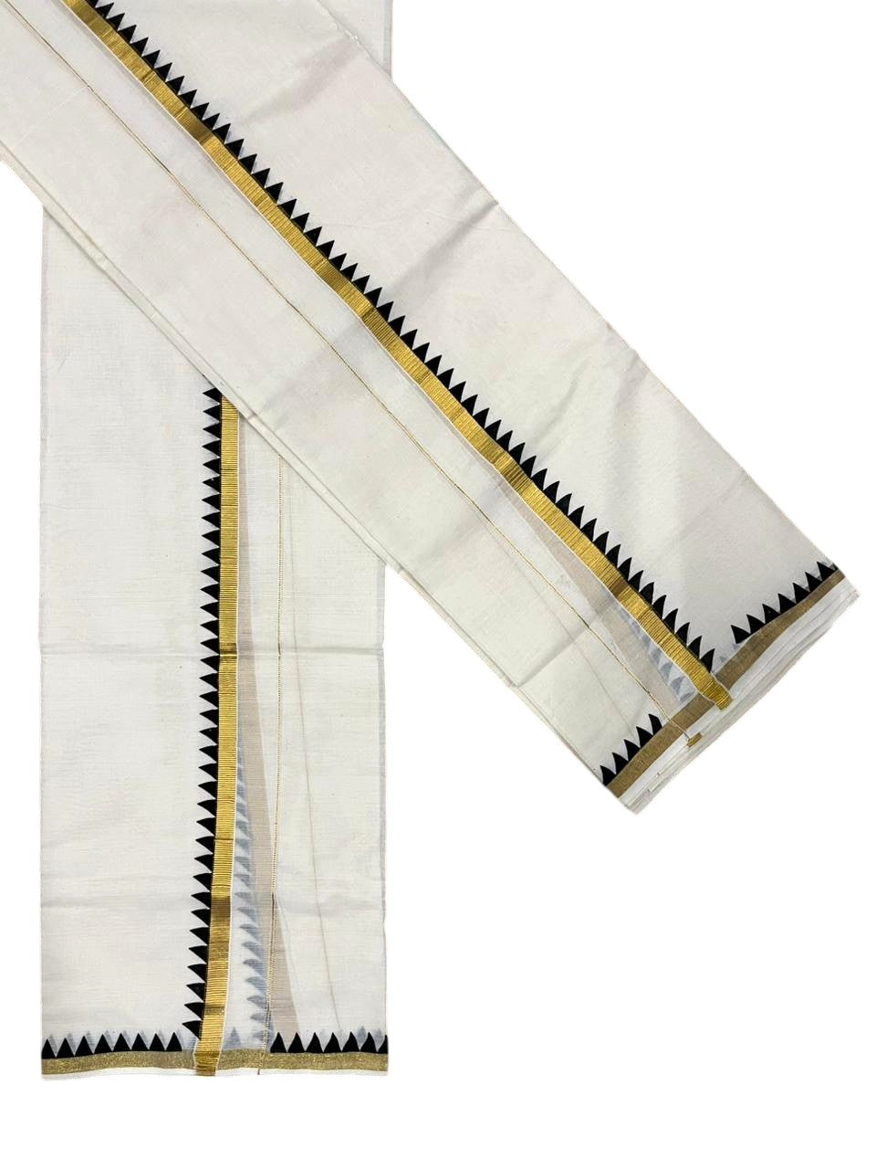 Southloom Pure Cotton Kerala Single Set Mundu (Mundum Neriyathum) with Temple Design in Black 2.80 Mtrs SL352