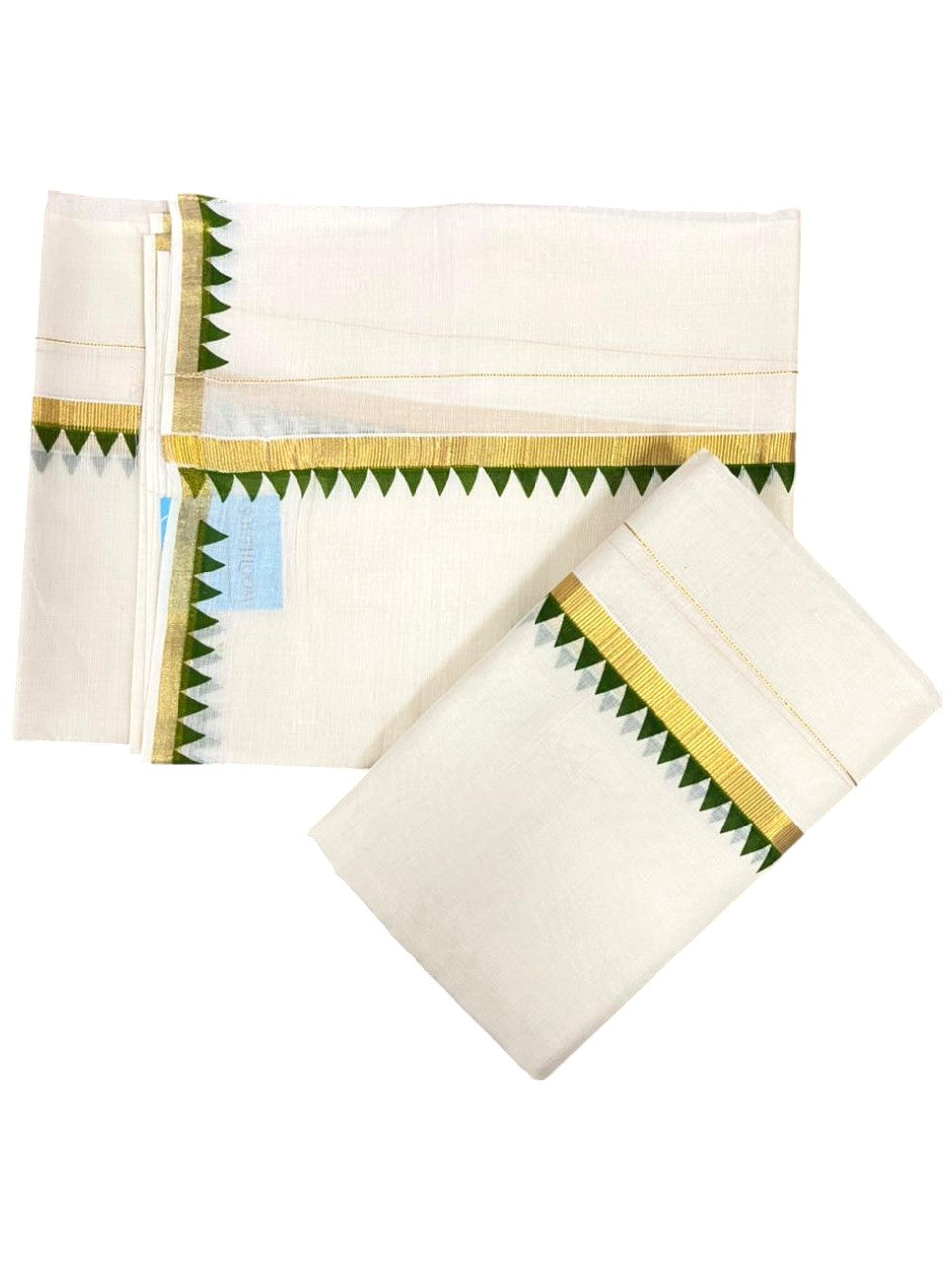 Southloom Pure Cotton Kerala Single Set Mundu (Mundum Neriyathum) with Temple Design in Olive Green 2.80 Mtrs SL352
