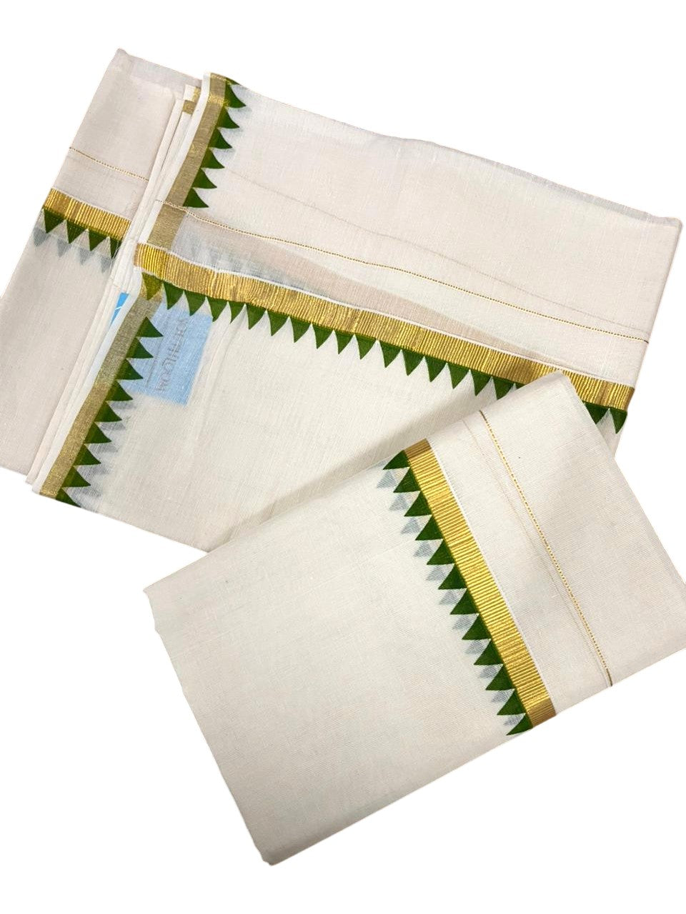 Southloom Pure Cotton Kerala Single Set Mundu (Mundum Neriyathum) with Temple Design in Olive Green 2.80 Mtrs SL352
