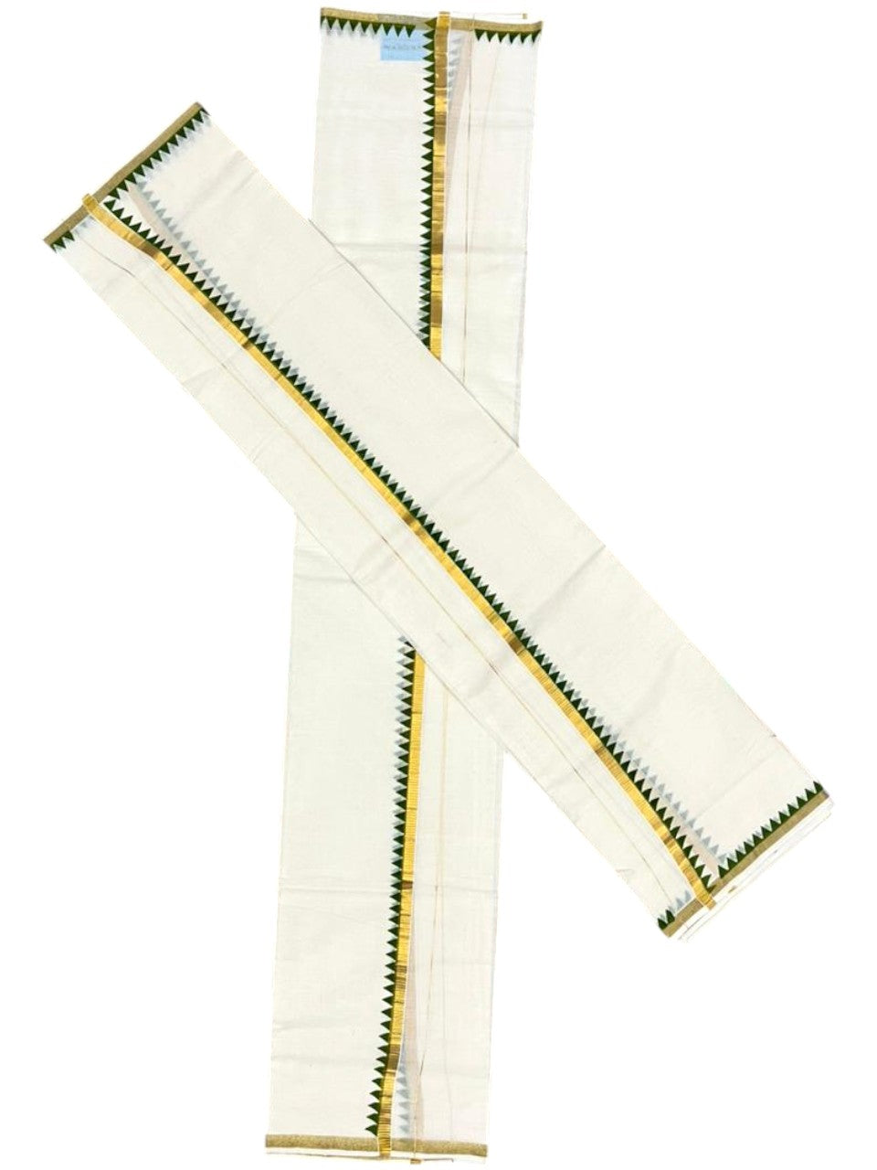 Southloom Pure Cotton Kerala Single Set Mundu (Mundum Neriyathum) with Temple Design in Olive Green 2.80 Mtrs SL352