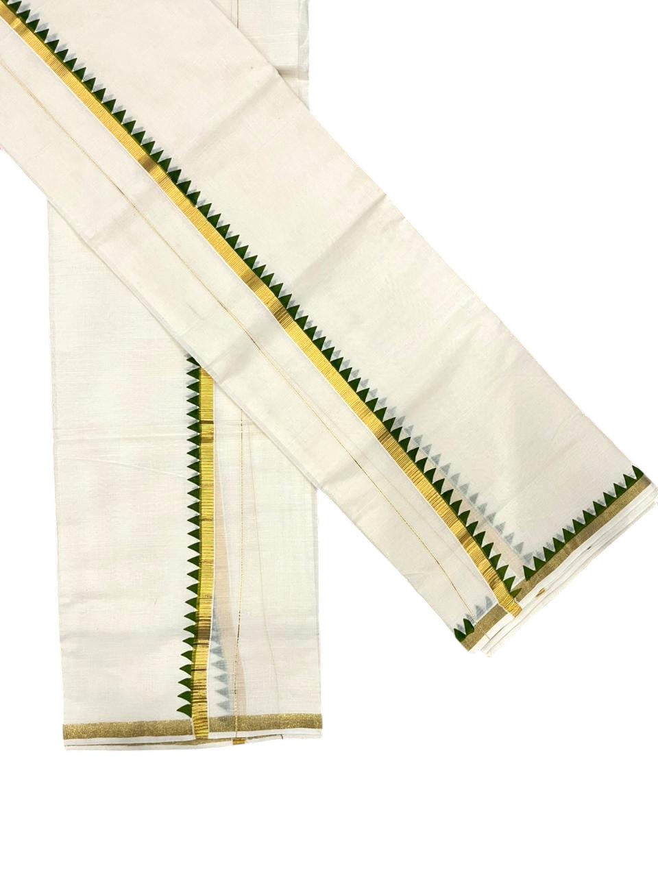 Southloom Pure Cotton Kerala Single Set Mundu (Mundum Neriyathum) with Temple Design in Olive Green 2.80 Mtrs SL352