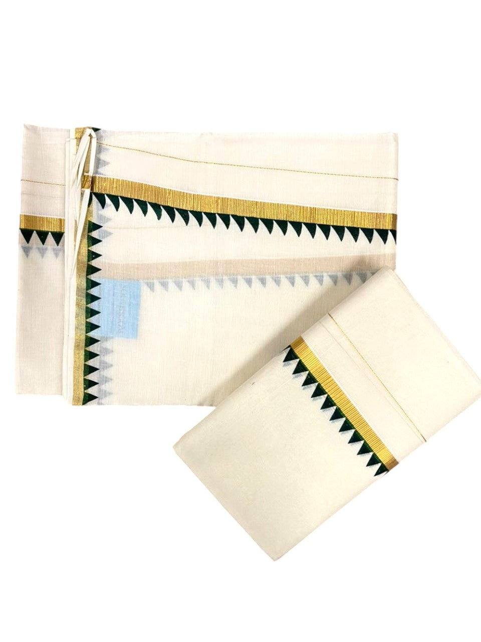 Southloom Pure Cotton Kerala Single Set Mundu (Mundum Neriyathum) with Temple Design in Dark Green 2.80 Mtrs SL352
