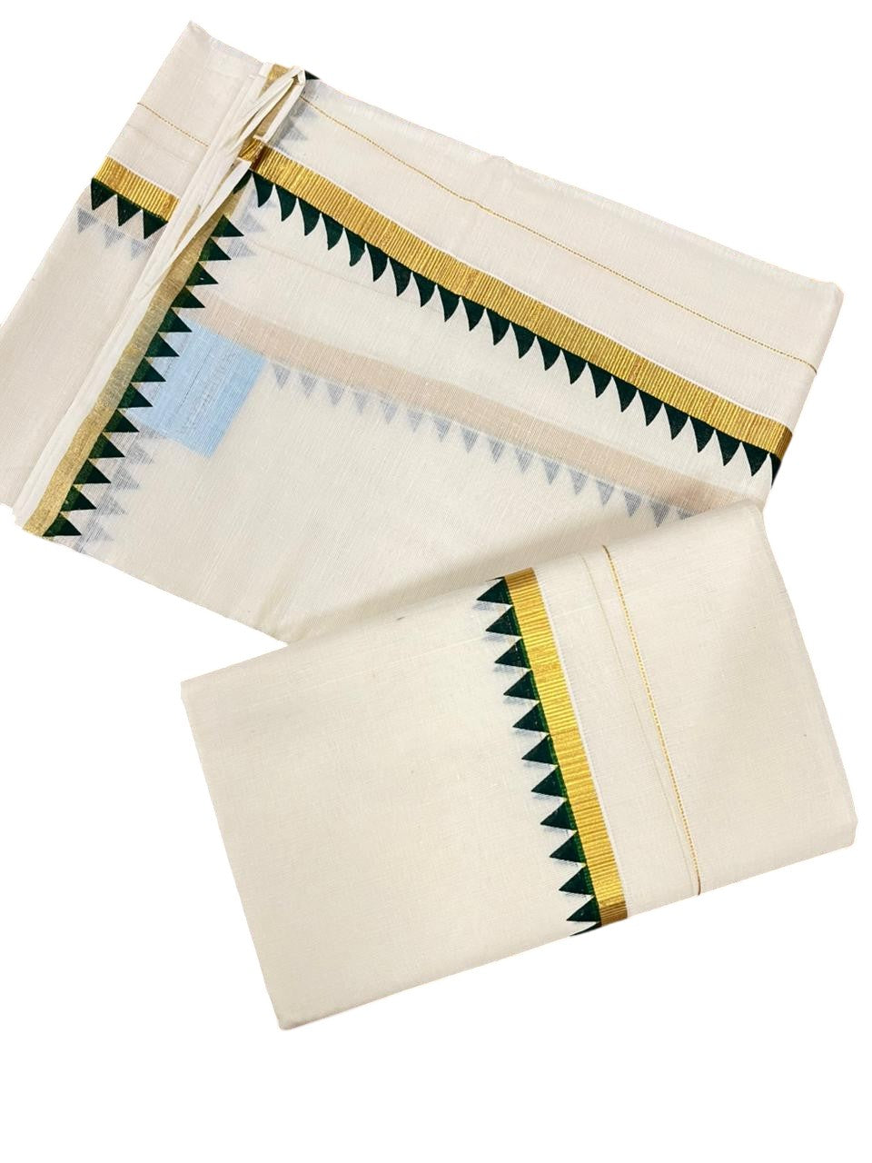 Southloom Pure Cotton Kerala Single Set Mundu (Mundum Neriyathum) with Temple Design in Dark Green 2.80 Mtrs SL352