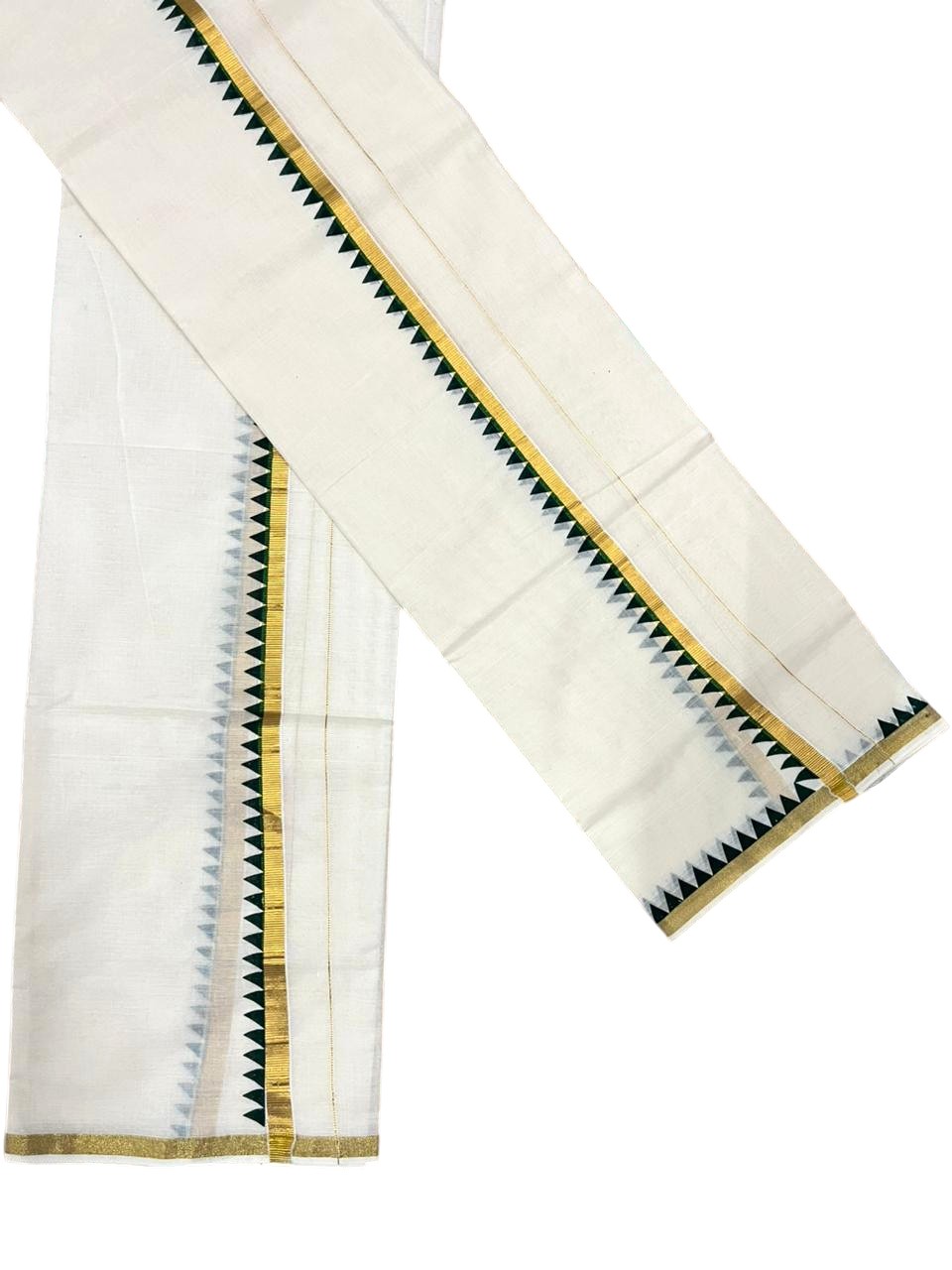Southloom Pure Cotton Kerala Single Set Mundu (Mundum Neriyathum) with Temple Design in Dark Green 2.80 Mtrs SL352