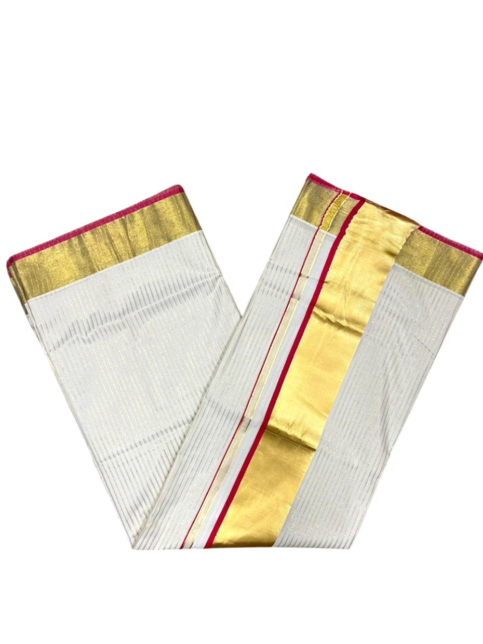 Southloom Kerala Cotton Kasavu Saree with Stripes on Body In Dark Pink Border SL351