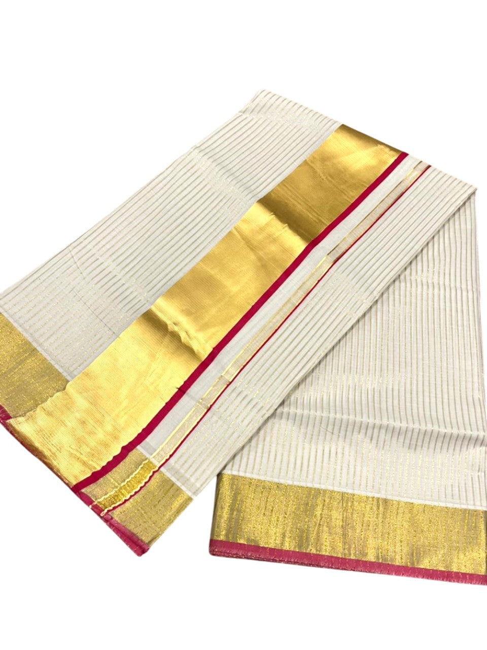 Southloom Kerala Cotton Kasavu Saree with Stripes on Body In Dark Pink Border SL351