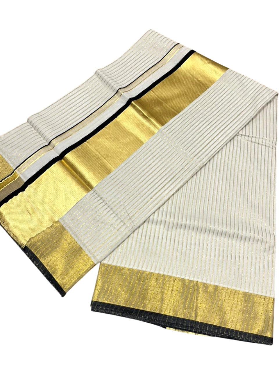 Southloom Kerala Cotton Kasavu Saree with Stripes on Body In Black Border SL351